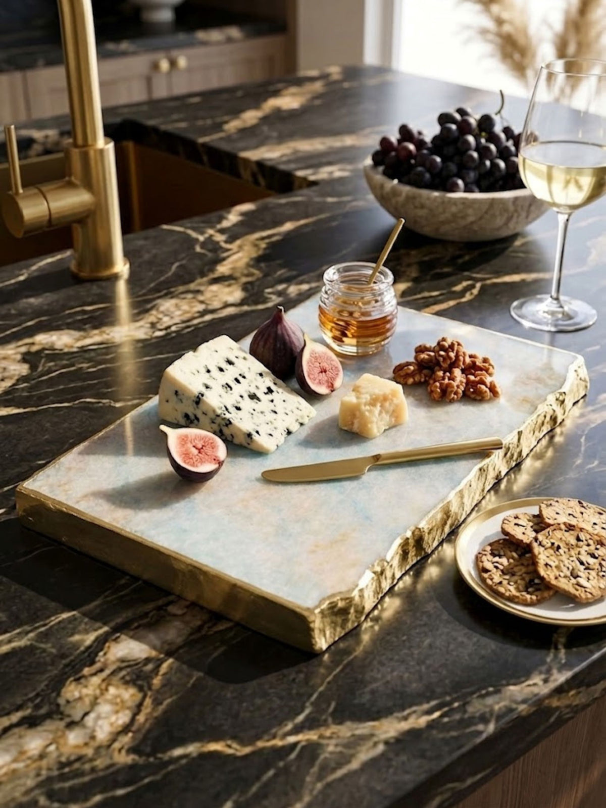 Aventurine stone cheese board with an uncut natural edge, styled on a kitchen counter.