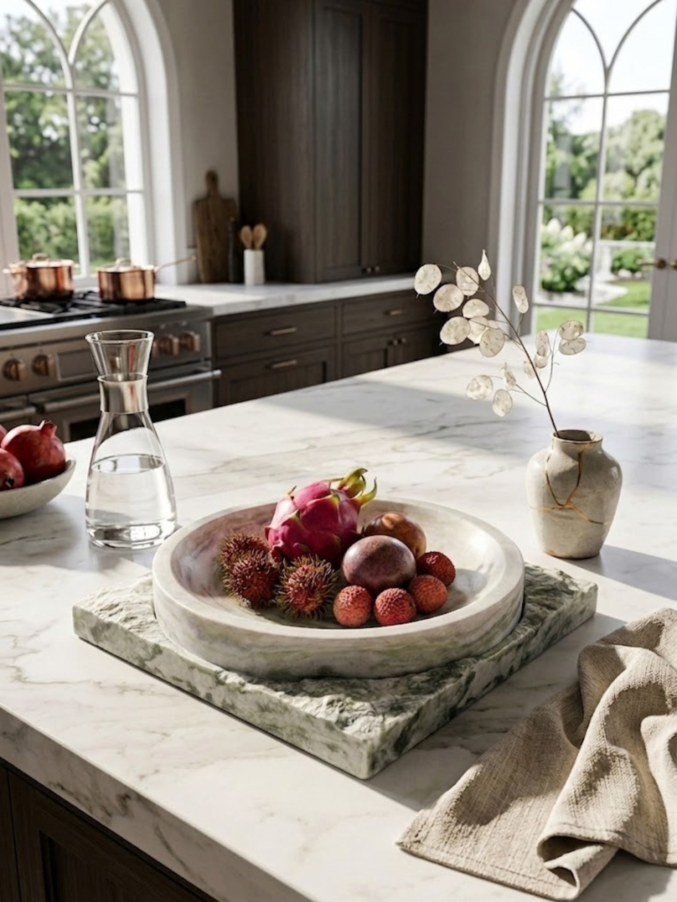 Shayne green onyx bowl with layered mineral character displayed on a marble kitchen island, styled as a centerpiece with fresh fruit and artisan ceramics.