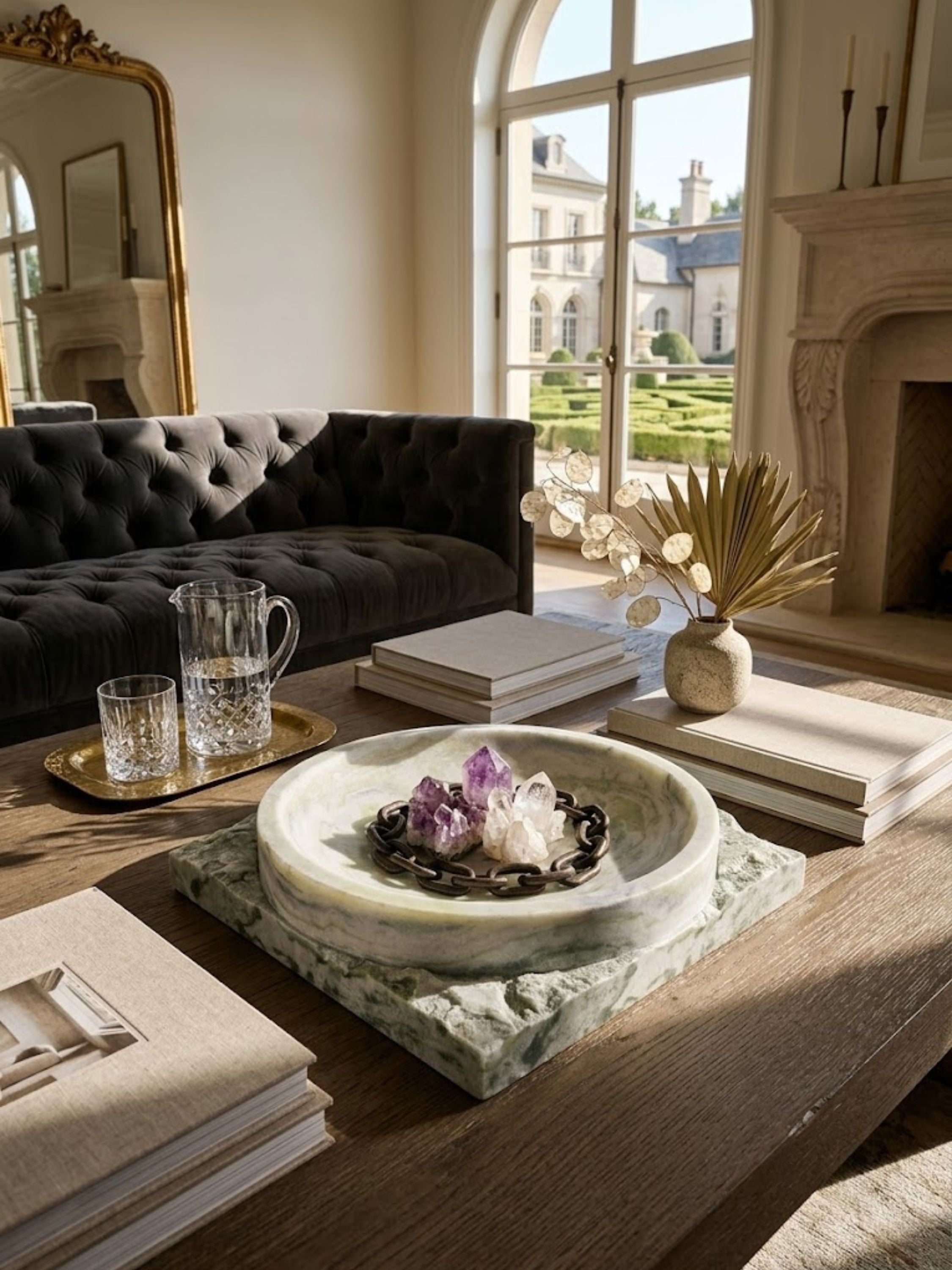 Shayne green onyx bowl with flowing natural veining styled on a coffee table, showcasing crystal specimens in a sunlit living room.