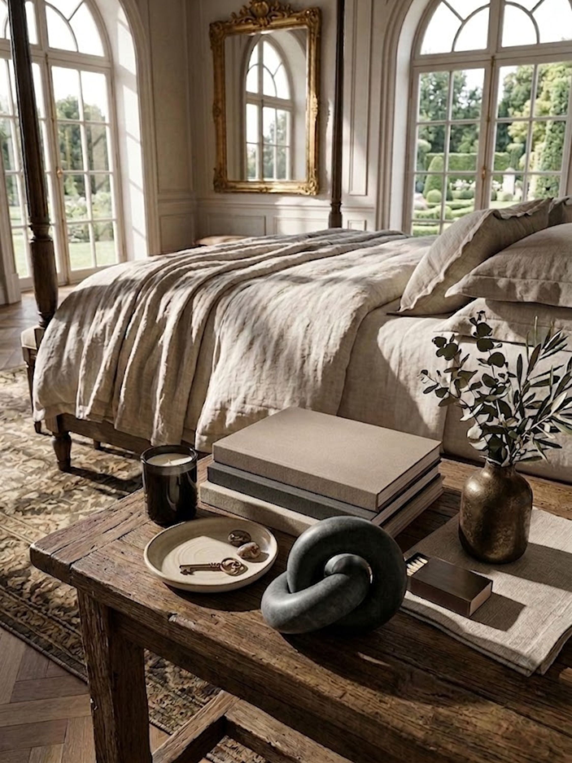 Black marble Munich knot styled on a rustic bedside table, bringing material depth and sculptural presence to a layered bedroom.