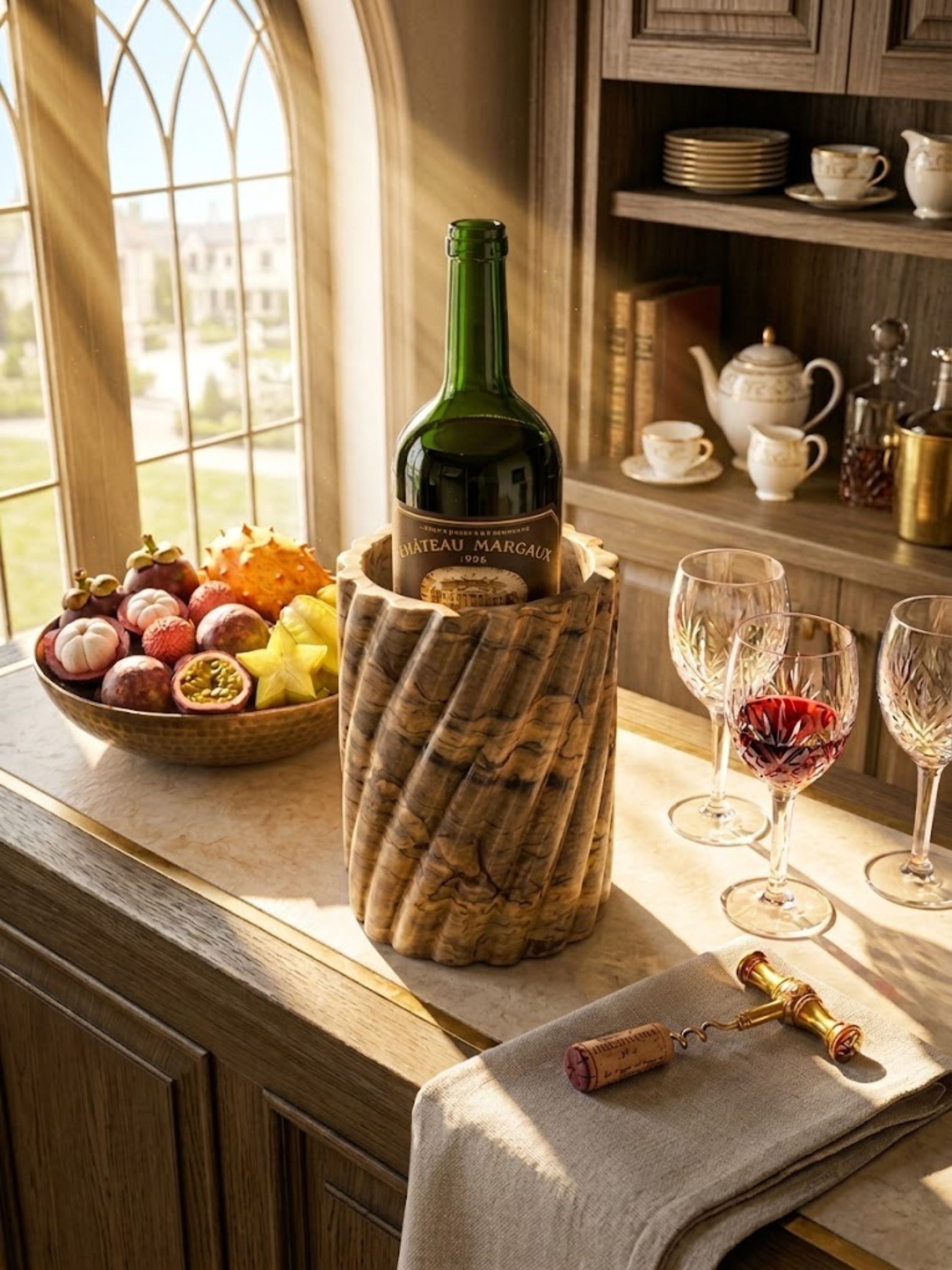 Taraz brown onyx wine cooler showcasing rich natural veining, styled with a wine bottle, cut crystal stemware, and a sunlit bar cabinet setting.