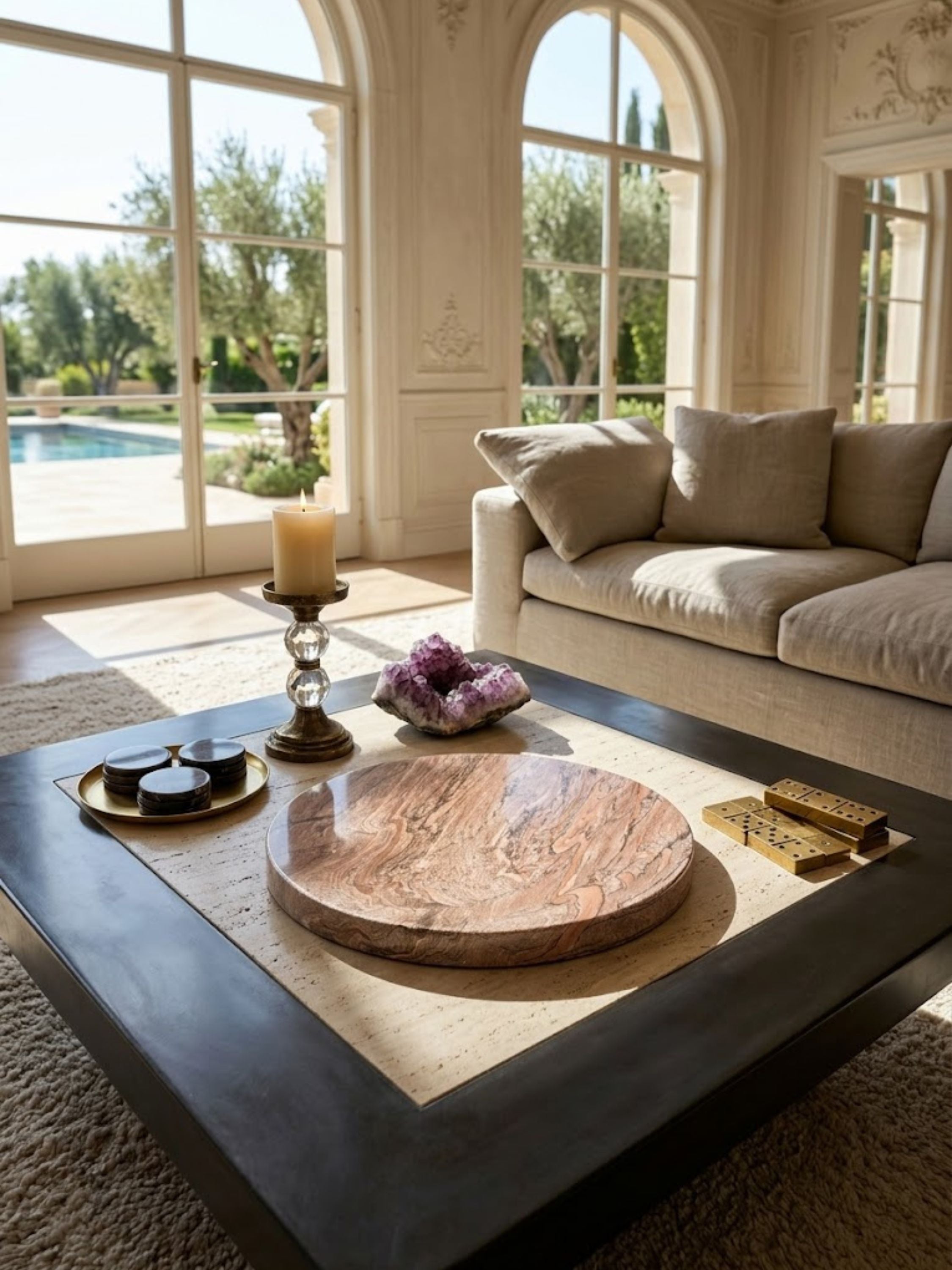 Ikoy brown onyx round tray displayed on a coffee table, highlighting rich natural veining within a calm and refined living room setting.