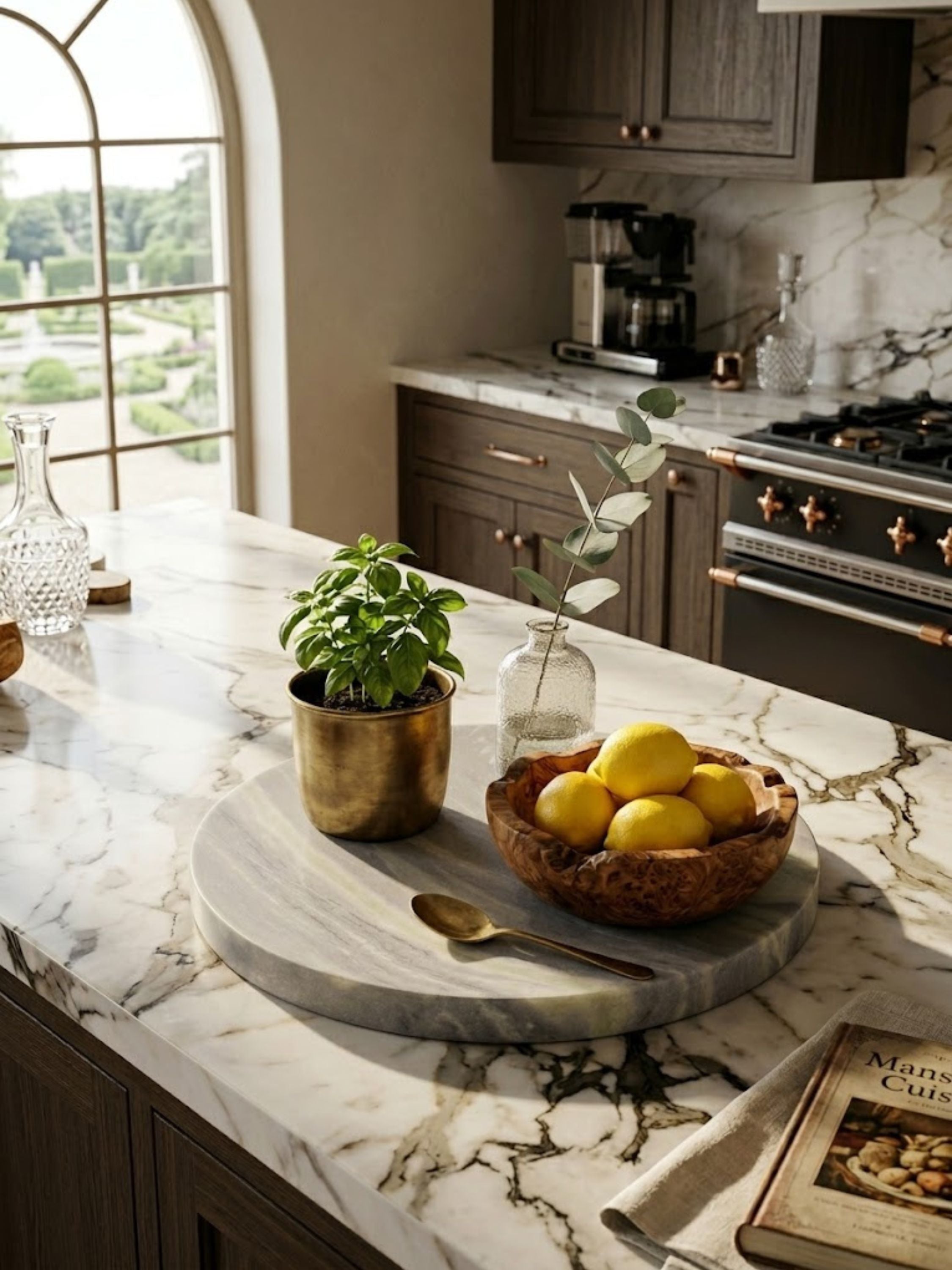 Ikoy green onyx round tray styled on a marble kitchen island alongside fresh citrus and greenery.