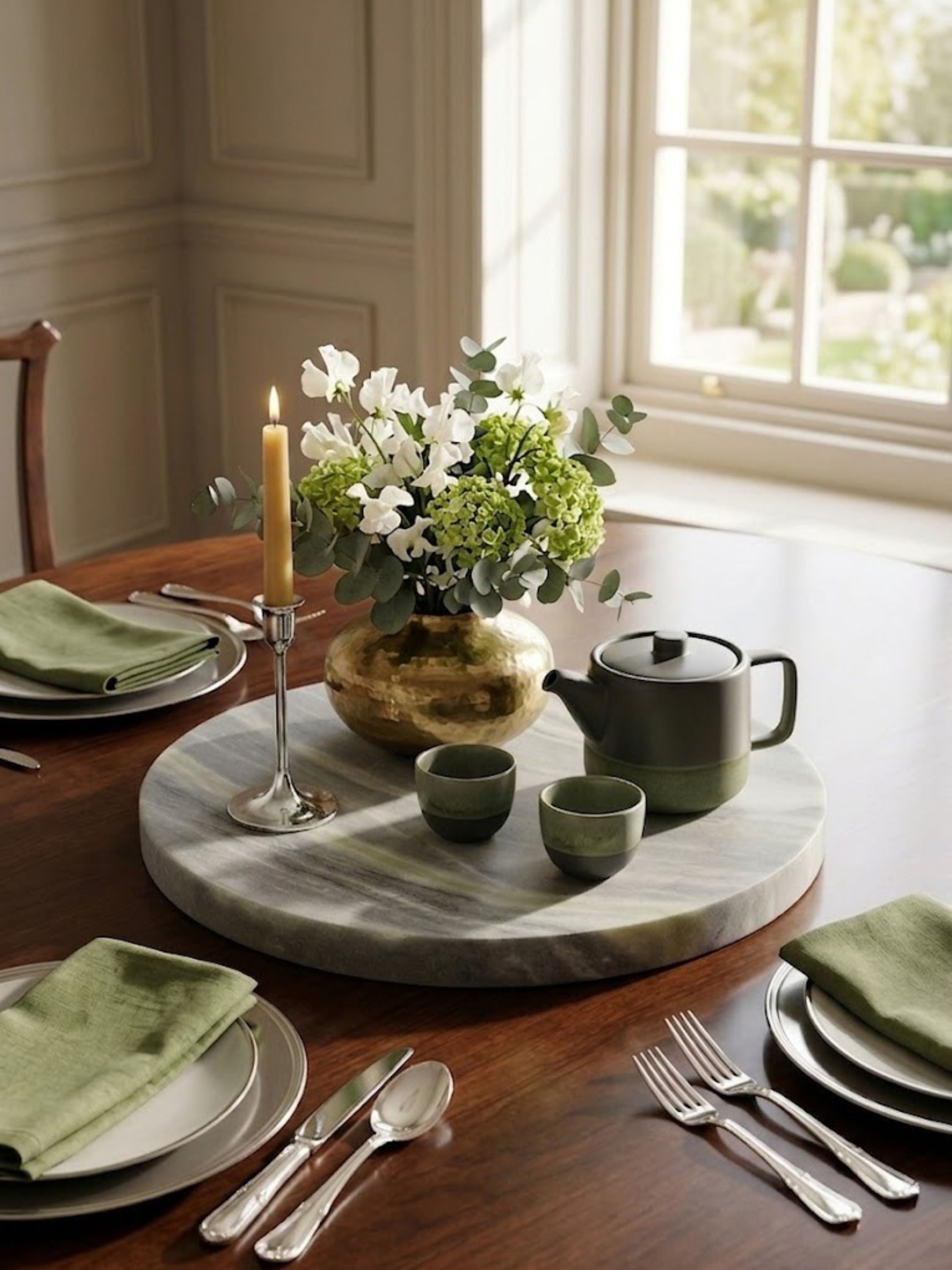 Ikoy green onyx round tray serving as a dining table centerpiece, paired with florals and a ceramic tea service.
