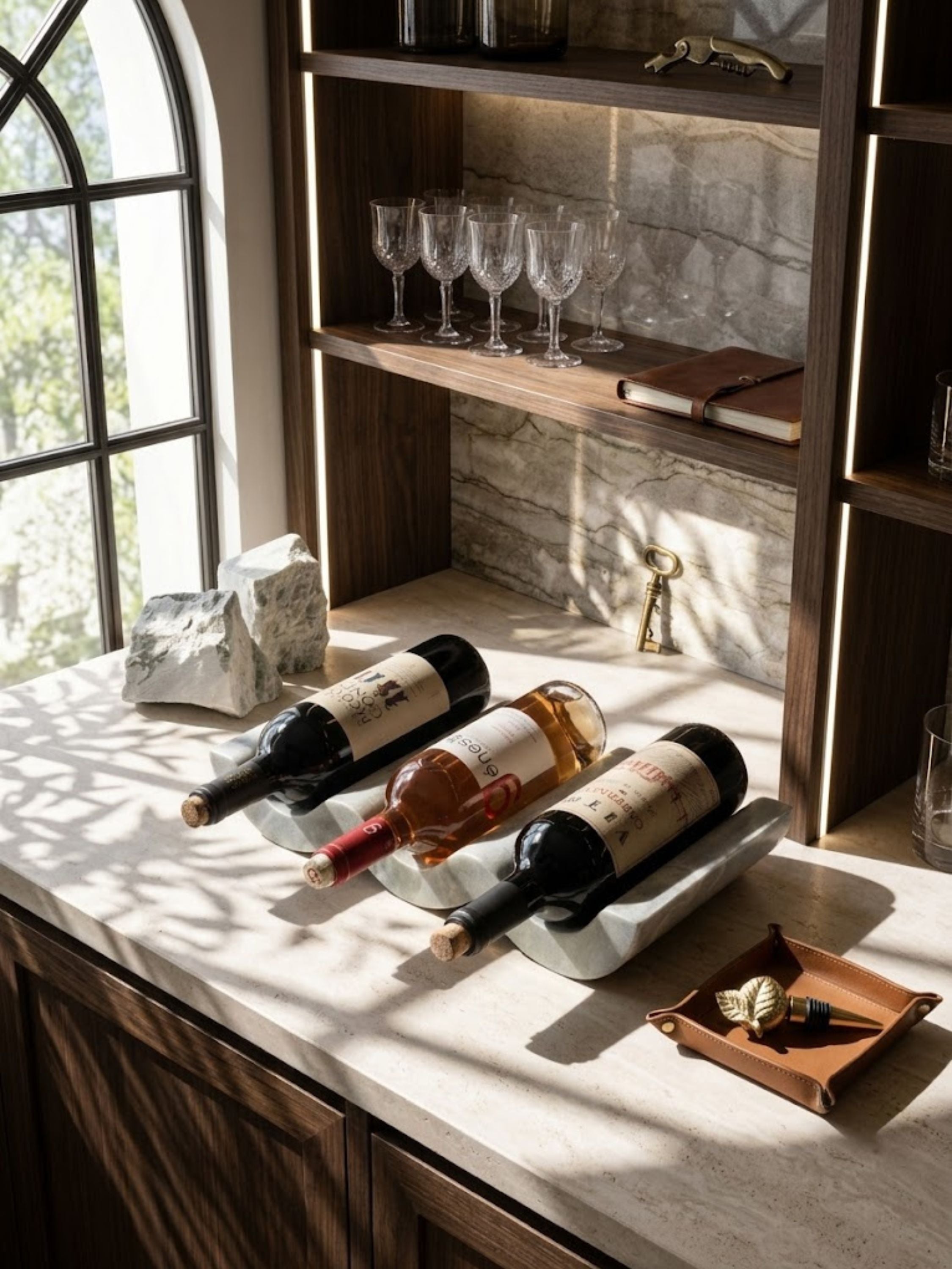Georgia green onyx wine bottle holder arranged on a marble bar shelf with wine bottles and crystal stemware, emphasizing refined entertaining and layered material contrast.