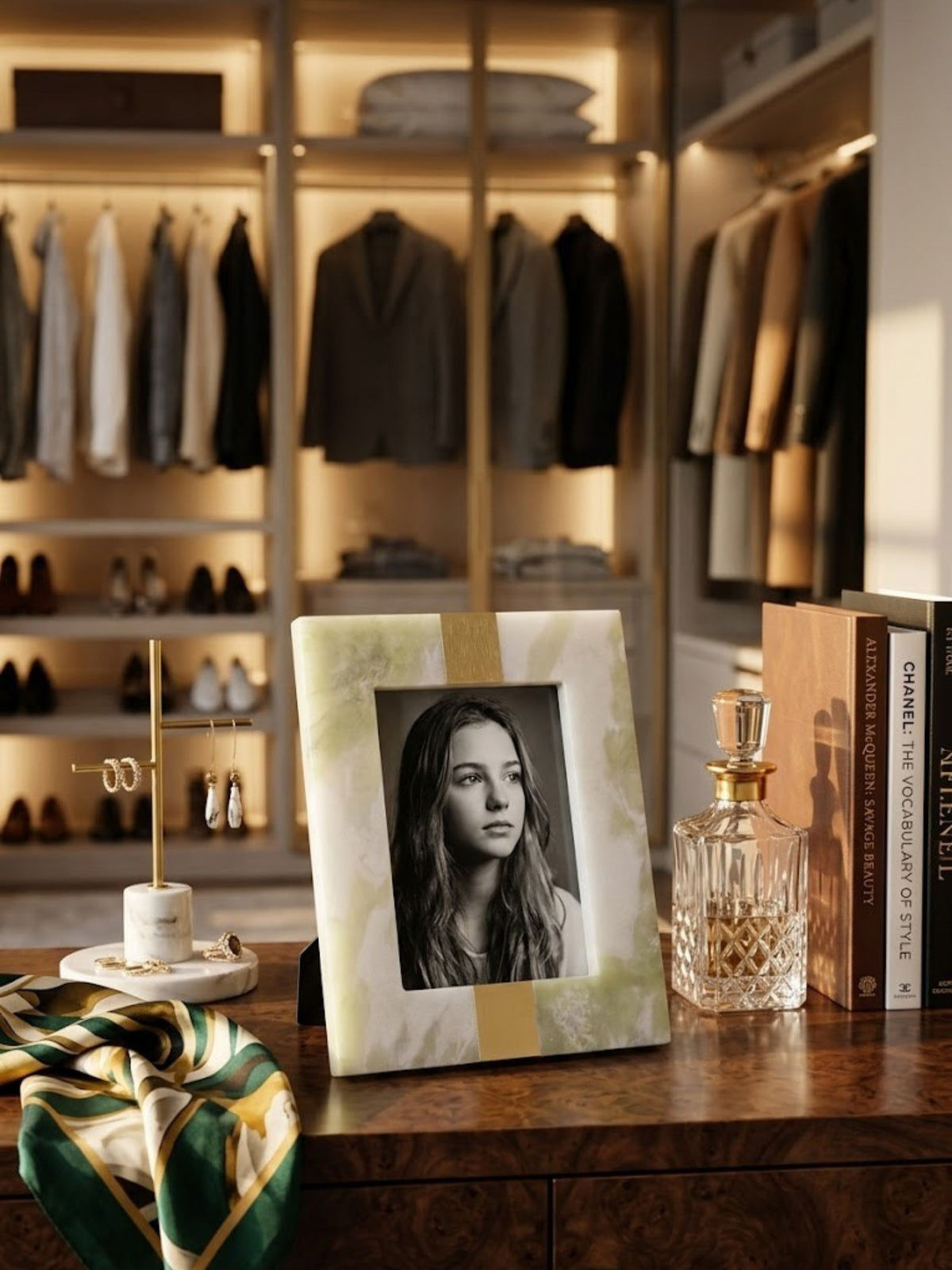 Green onyx picture frame in a cool-toned finish, styled on a shelf.
