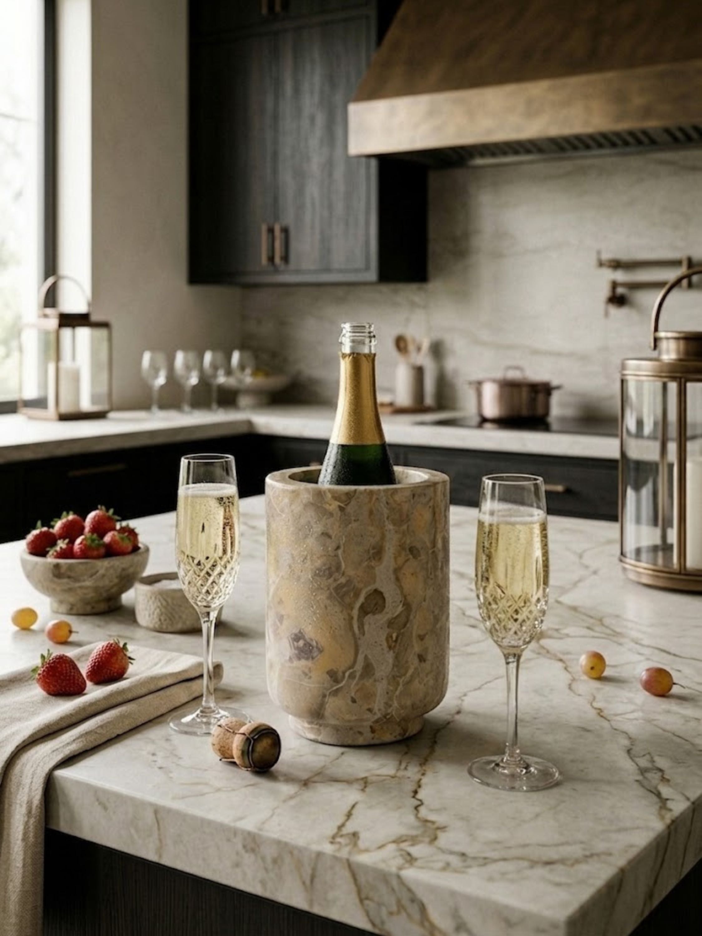 Chamonix brown onyx wine cooler arranged on a dining table with crystal stemware, emphasizing its natural stone movement.