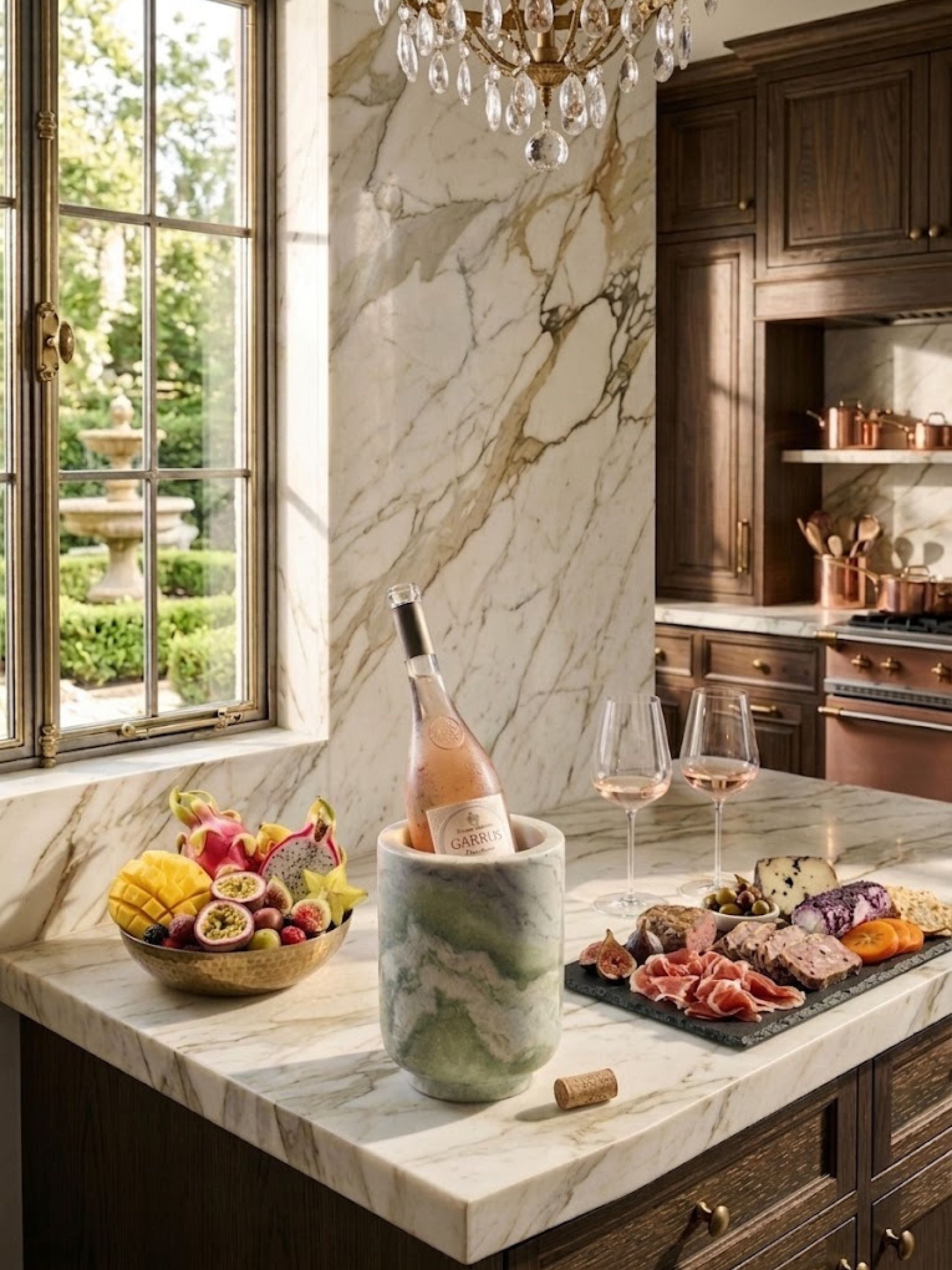 Chamonix green onyx wine cooler displayed on a marble kitchen island alongside charcuterie and fresh fruit.