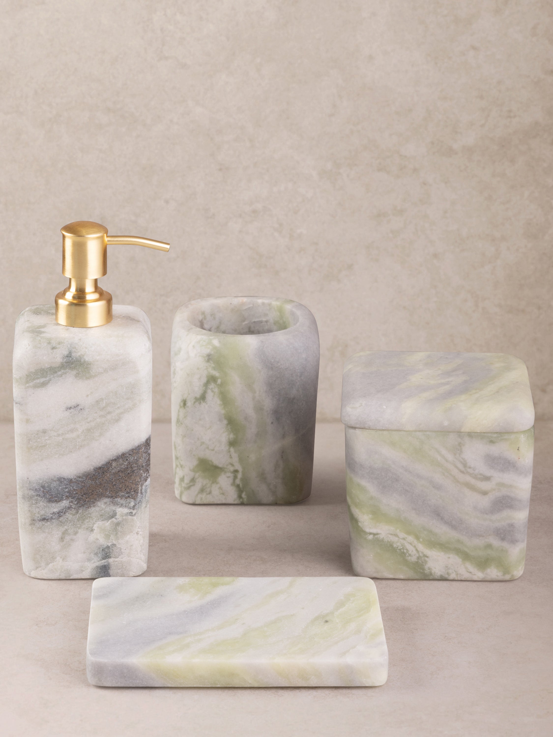 Luxury Hanoi green onyx bath accessories set with grey veining
