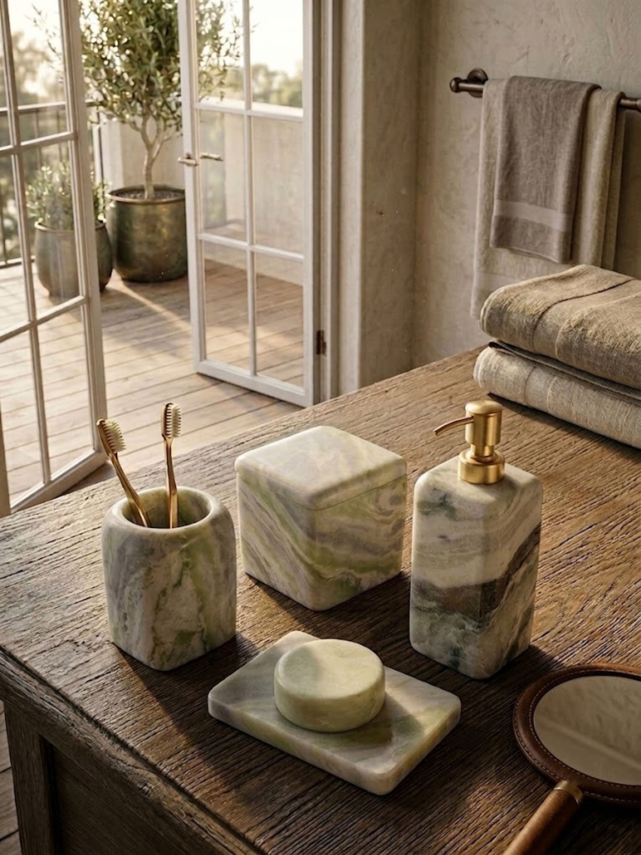 Hanoi green onyx bath accessories arranged on a warm wood vanity beside open French doors, highlighting natural stone variation and relaxed spa-inspired styling.