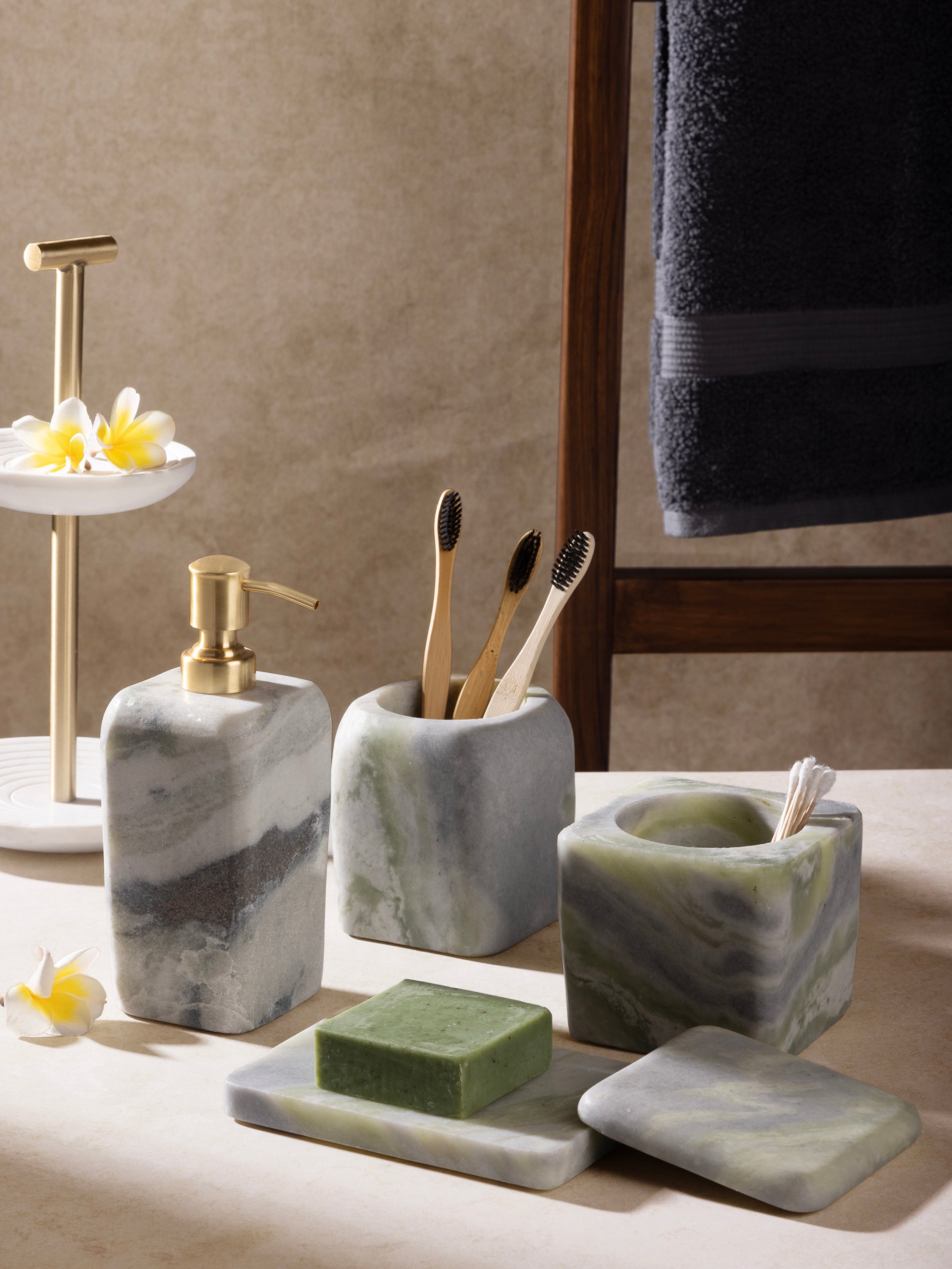 Premium Four-piece Hanoi bath accessories set styled on vanity