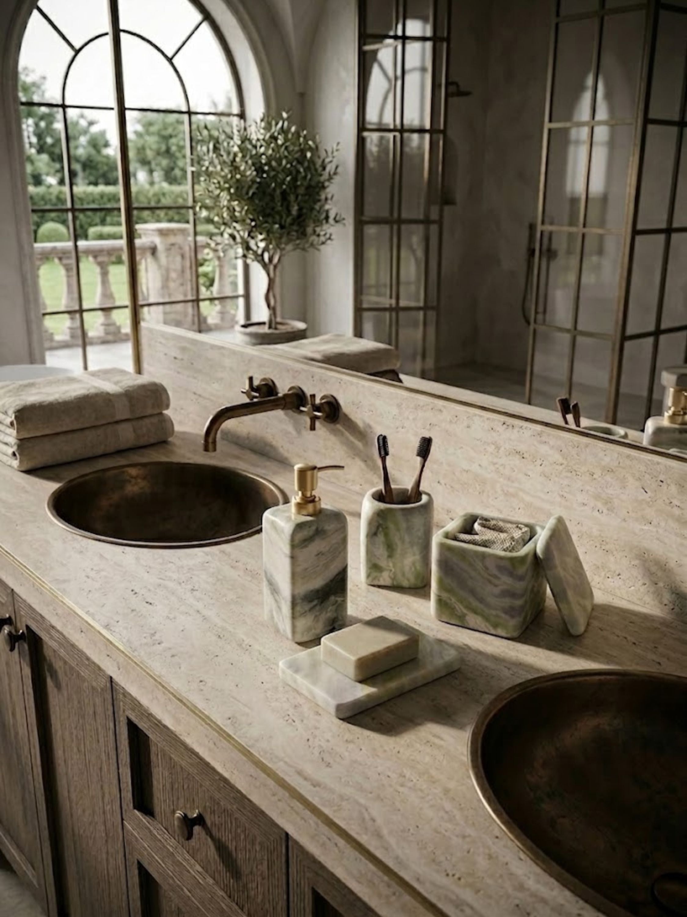 Green onyx bath accessories styled across a double-sink vanity with marble surfaces and bronze fixtures, emphasizing coordinated bathroom organization and refined material presence.