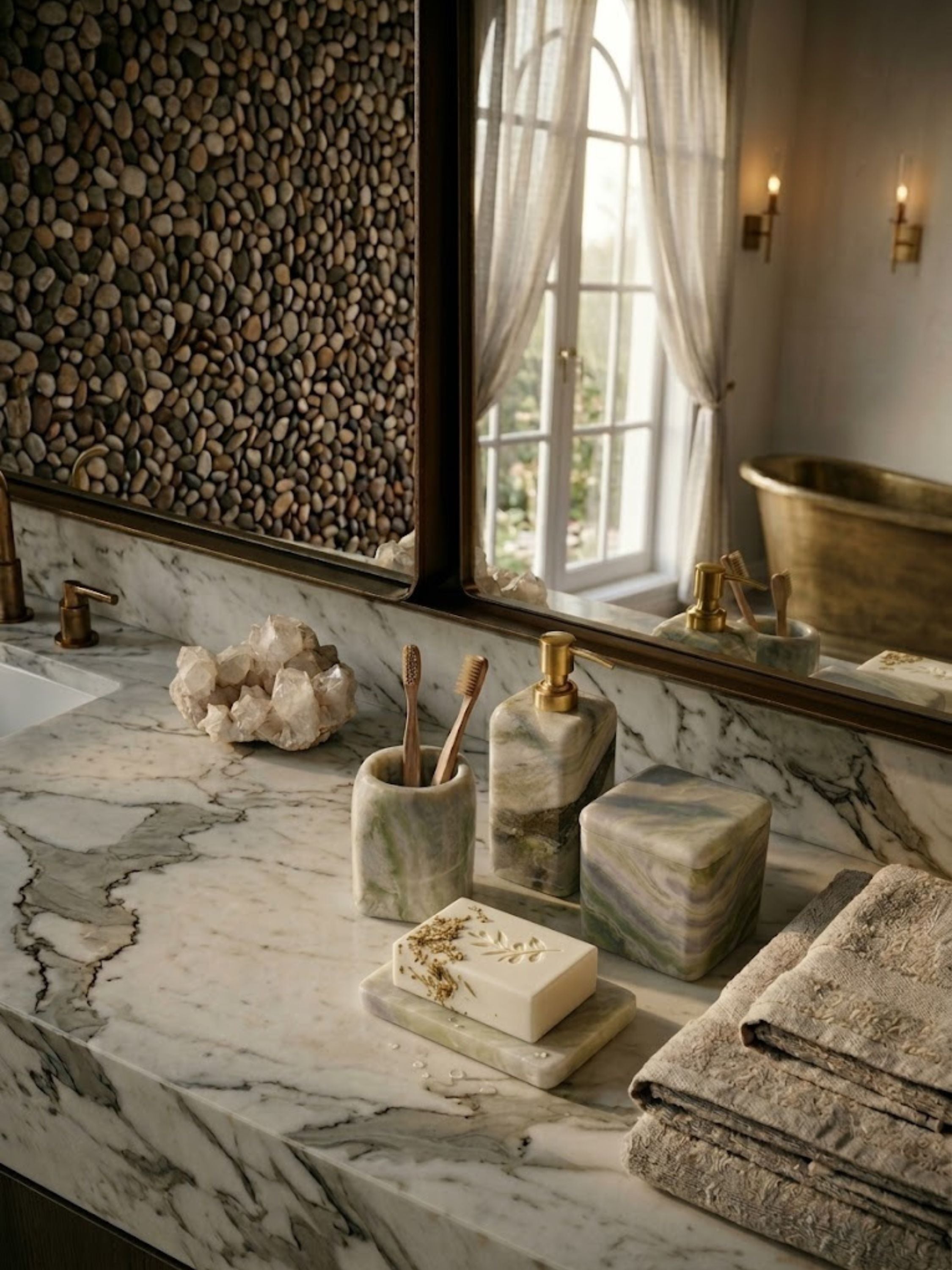 Green onyx bath accessories set arranged on a marble vanity with crystal accents and textured linens, highlighting layered mineral veining and timeless bathroom styling.