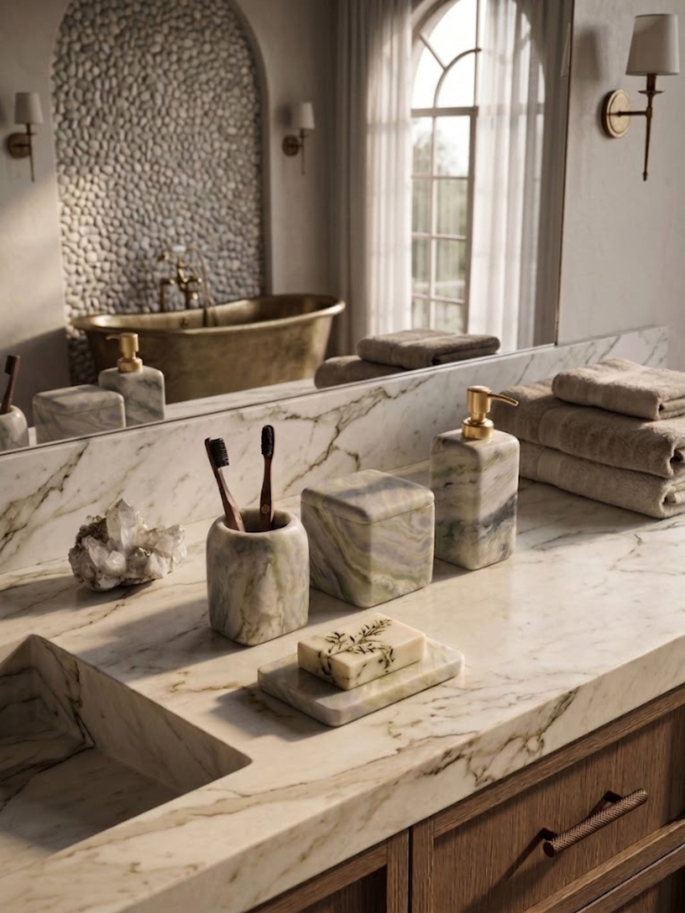Green onyx bathroom set featuring a soap dispenser, canister, toothbrush holder, and soap dish displayed on a marble basin countertop in an elegant bath interior.