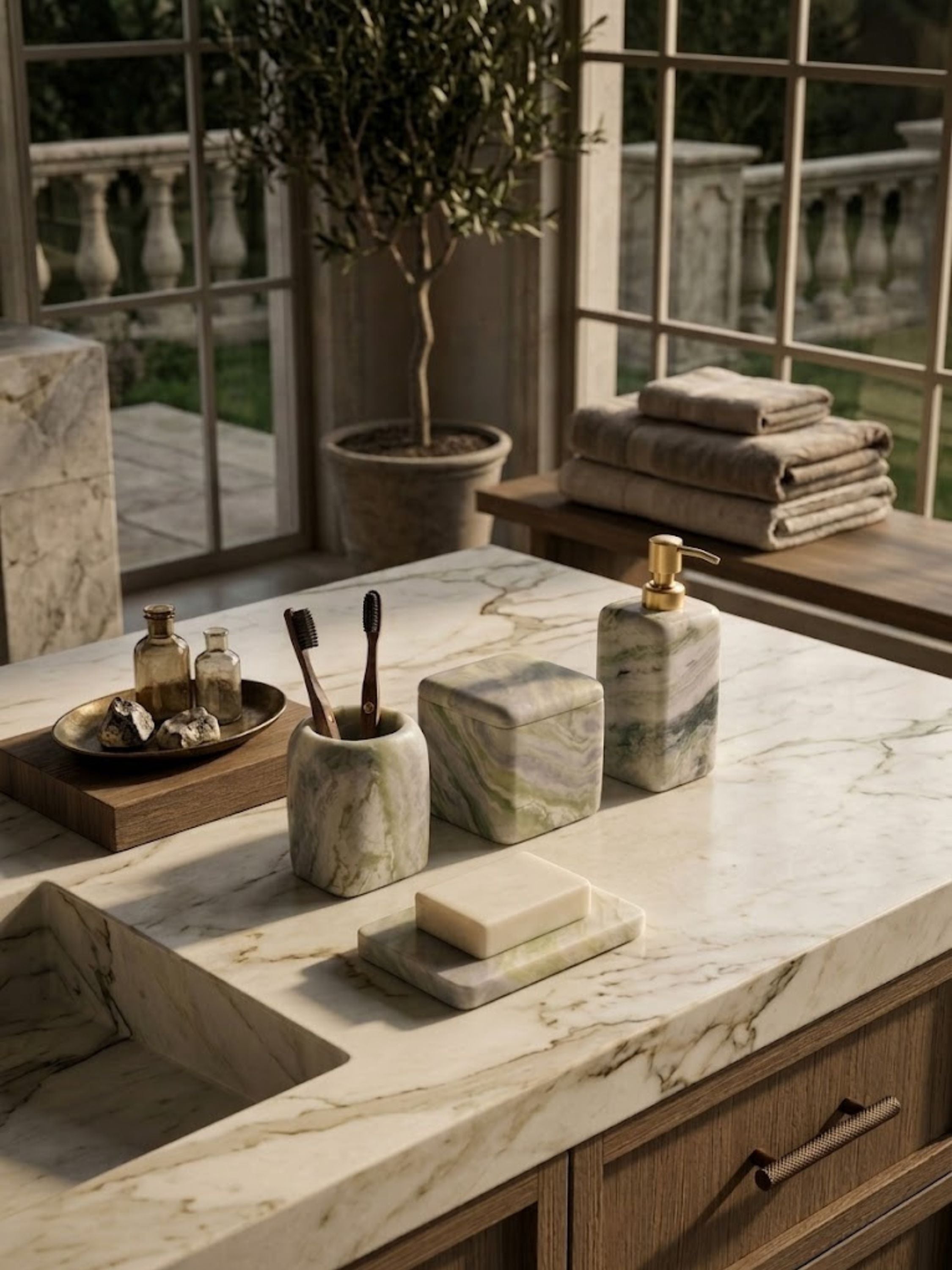 Hanoi green onyx bath accessories styled within a spa-inspired bathroom retreat, showcasing calming stone tones, natural variation, and elevated countertop organization.