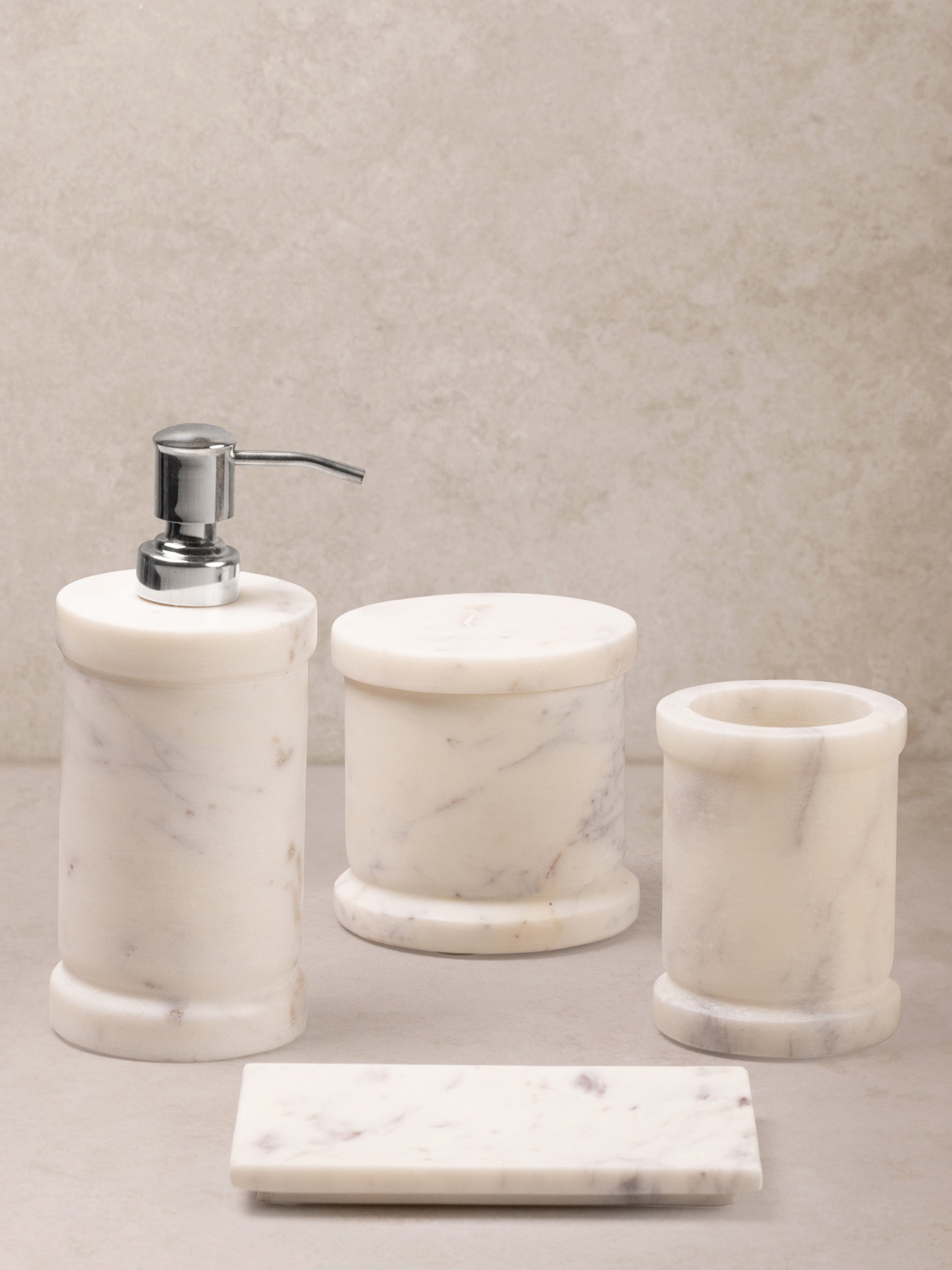 Duval white marble bath accessories set with purple veining