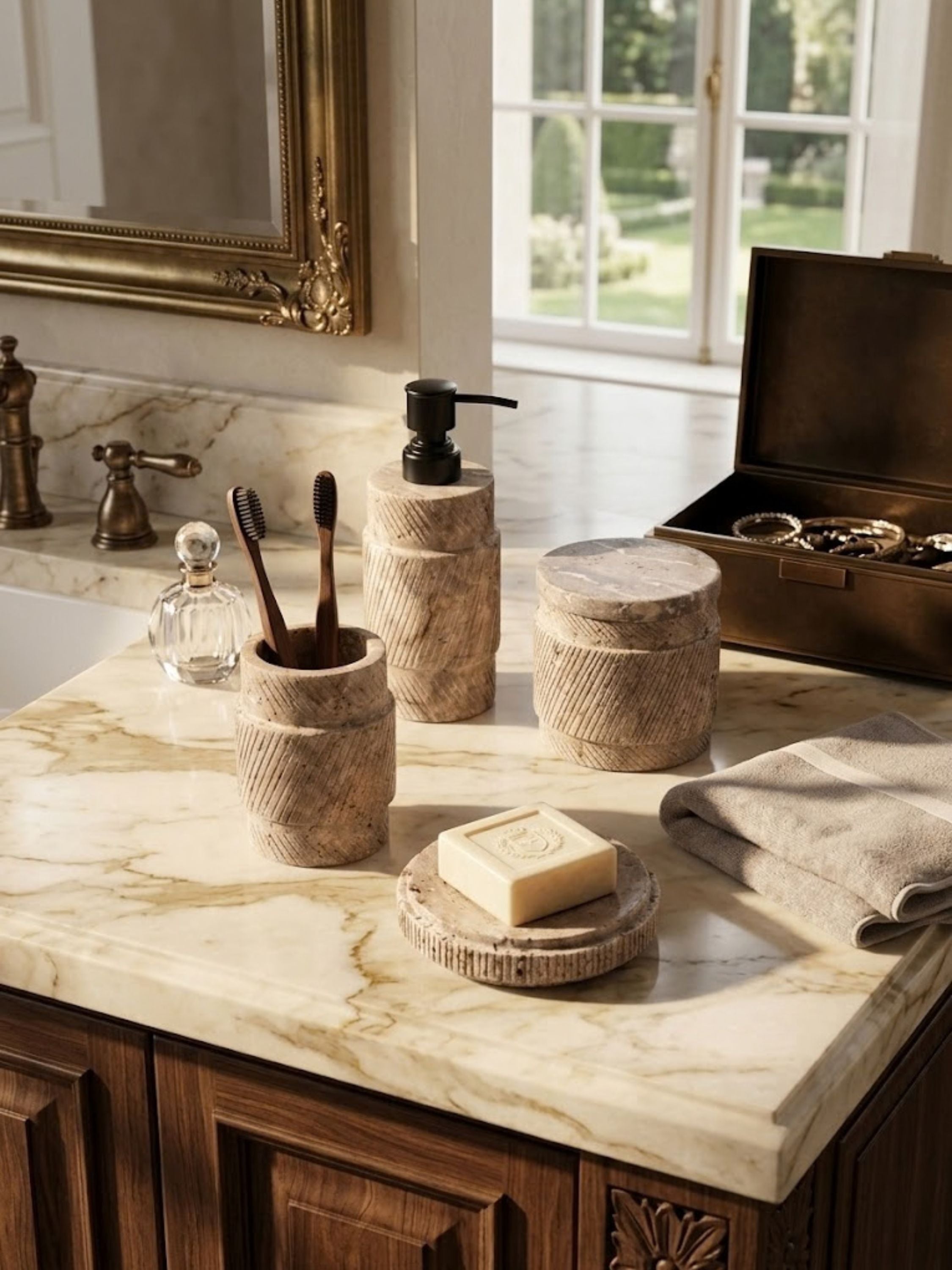 Tallinn travertine bath set arranged on a marble vanity, showcasing carved travertine forms and understated elegance in a curated bathroom.