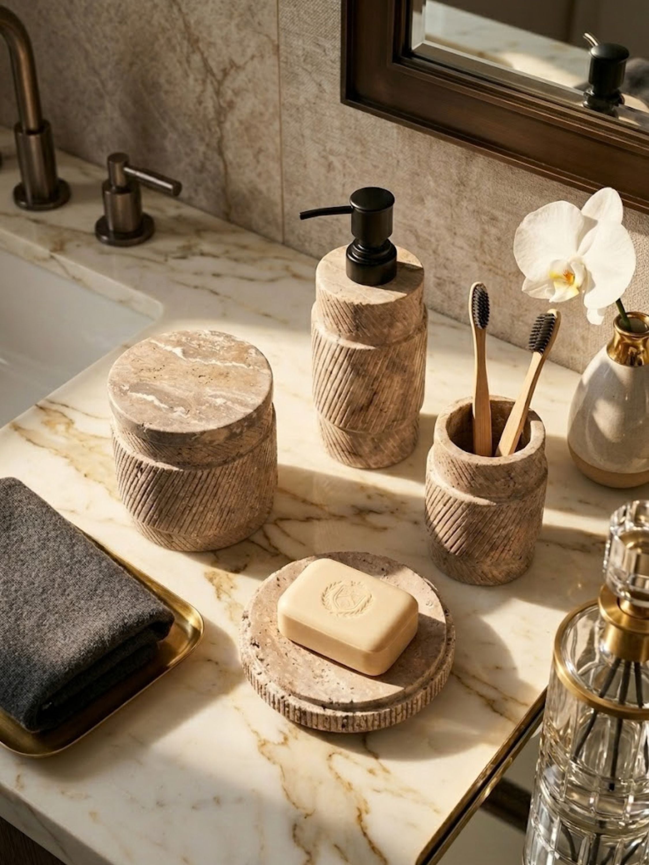 Tallinn travertine bath set displayed as a cohesive collection, highlighting warm mineral tones and tactile detailing for everyday organization.