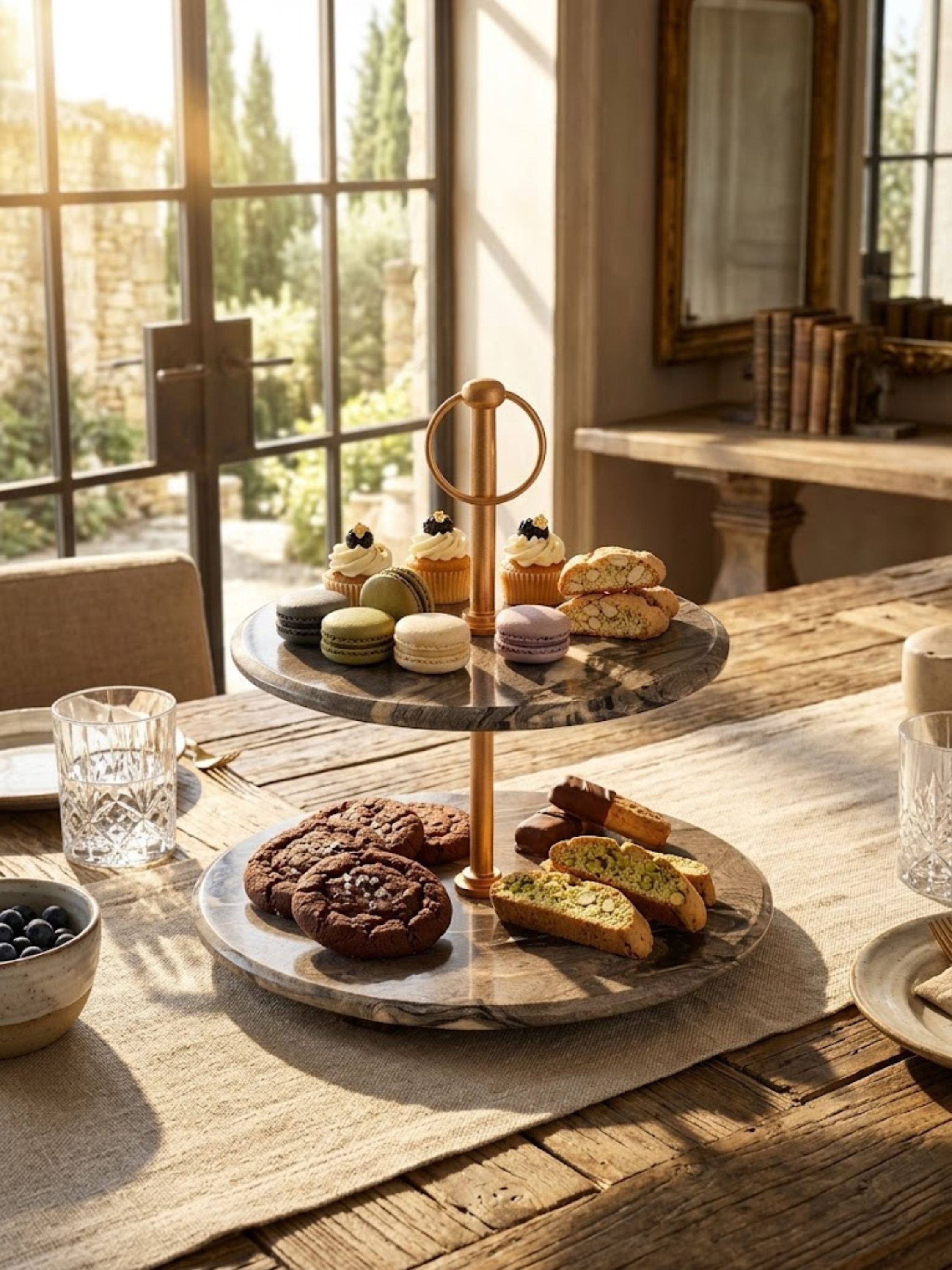 Heavenly brown onyx stand displaying cupcakes, cookies, macarons, and biscotti on a kitchen island, showing its brass accents.