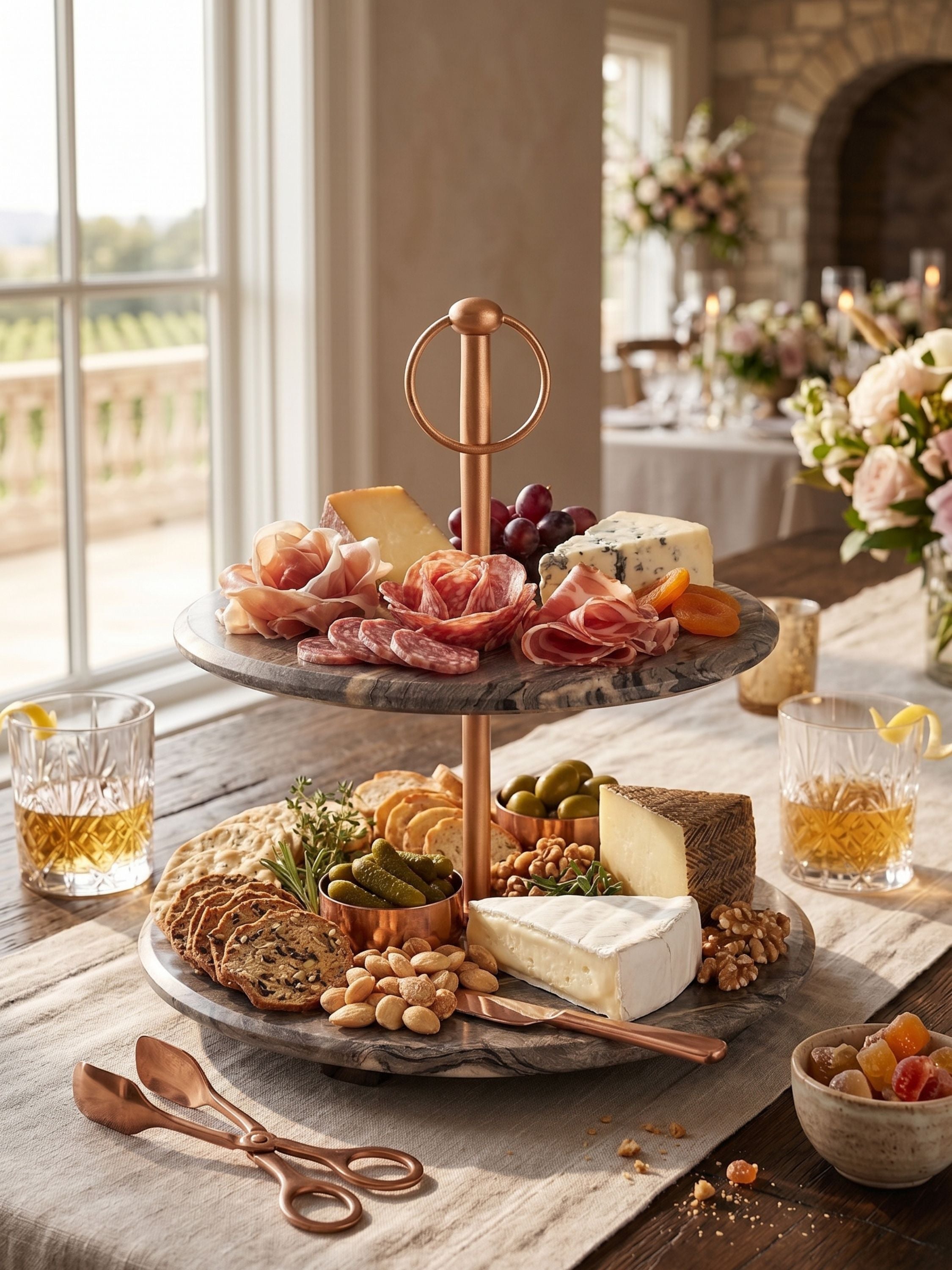 Heavenly brown onyx two-tiered stand styled for afternoon tea with pastries, tea sandwiches, scones, and desserts, bringing sculptural stone presence to the table.