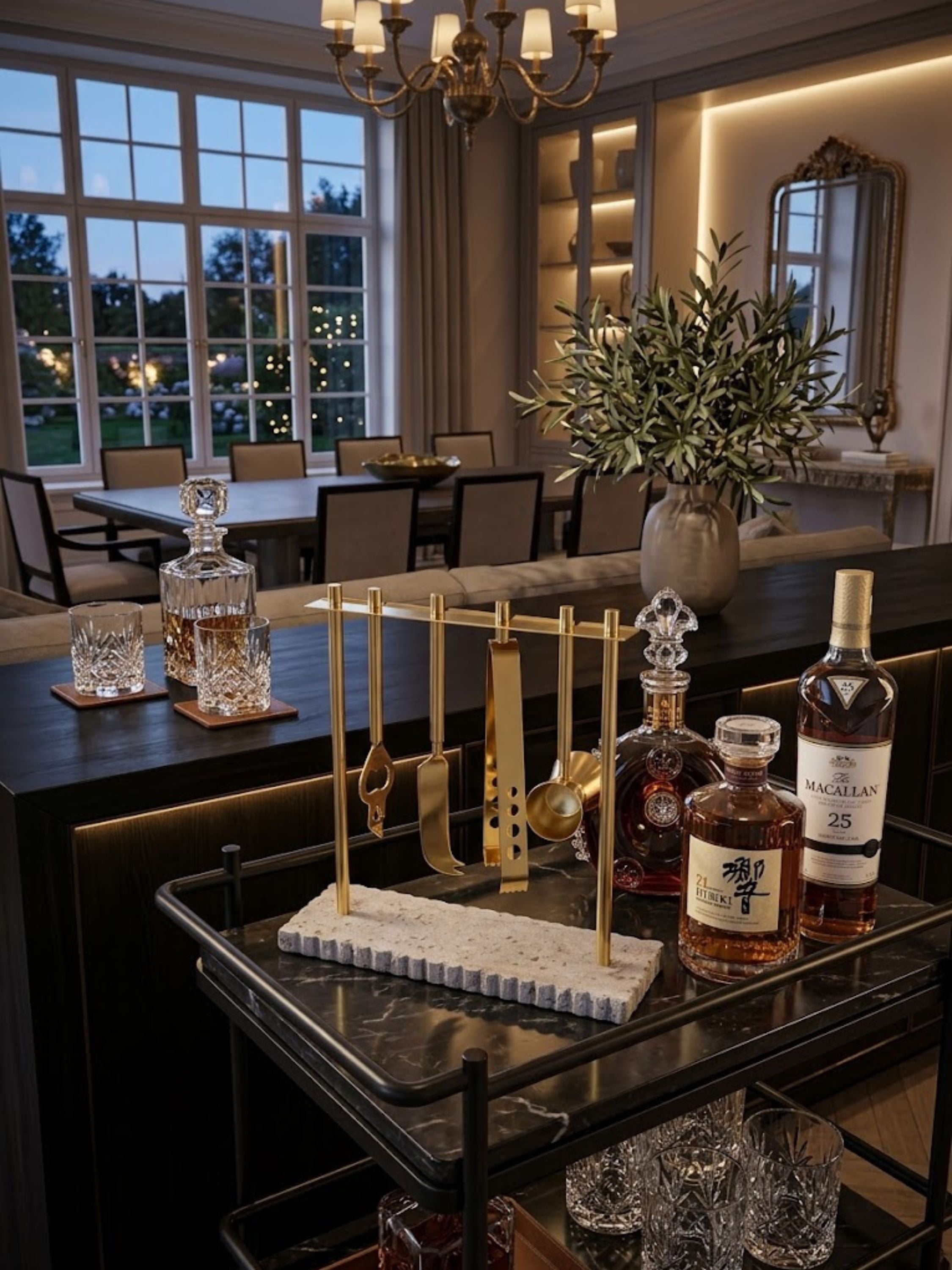 Jubel travertine bar tools styled on a contemporary bar cart, showing the brushed brass stand and travertine base.