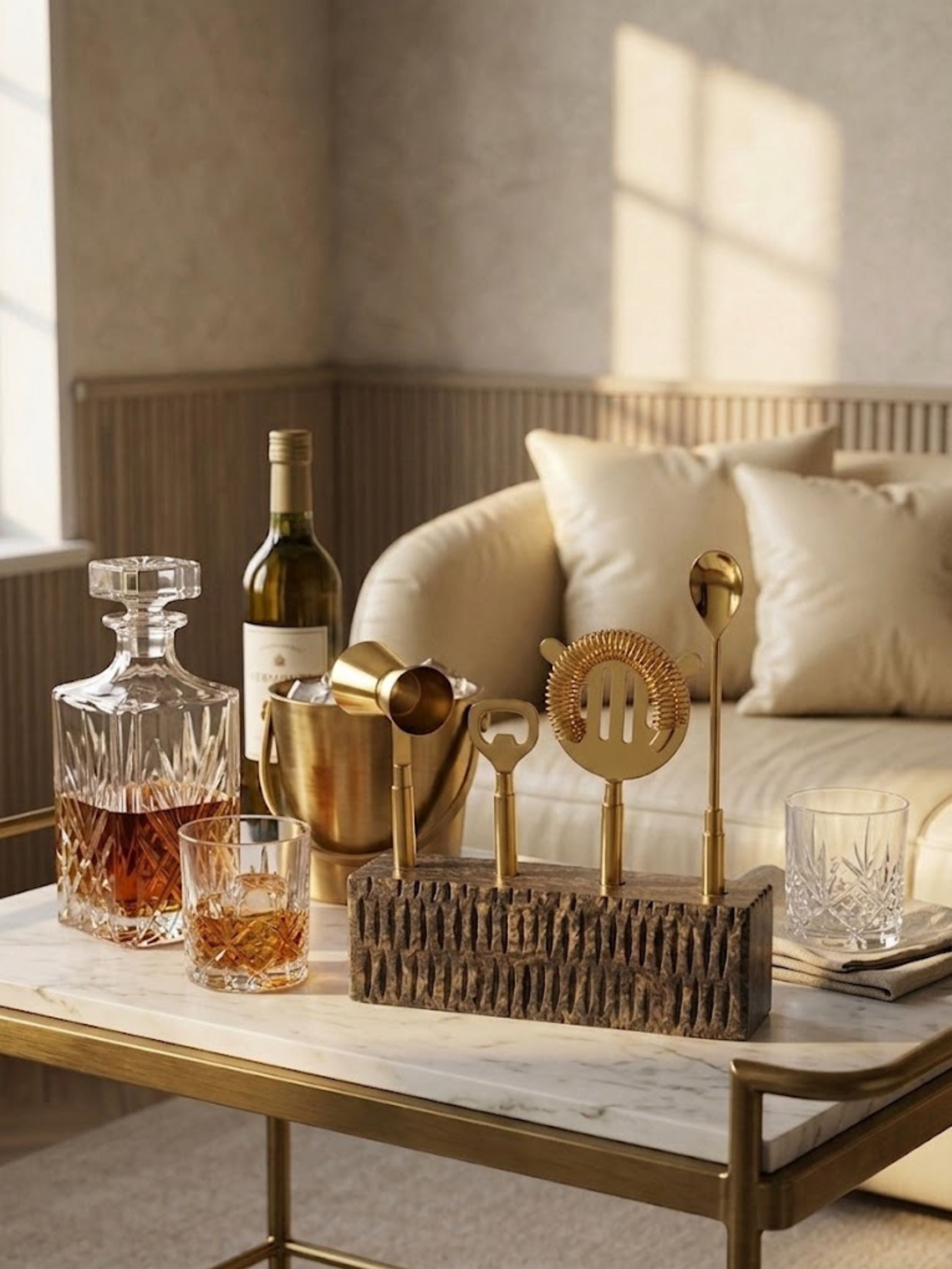 Sante brass bar tools set arranged on a sculpted stone stand, styled with crystal whiskey glasses, a decanter, and an antique brass ice bucket in an elevated home bar setting.