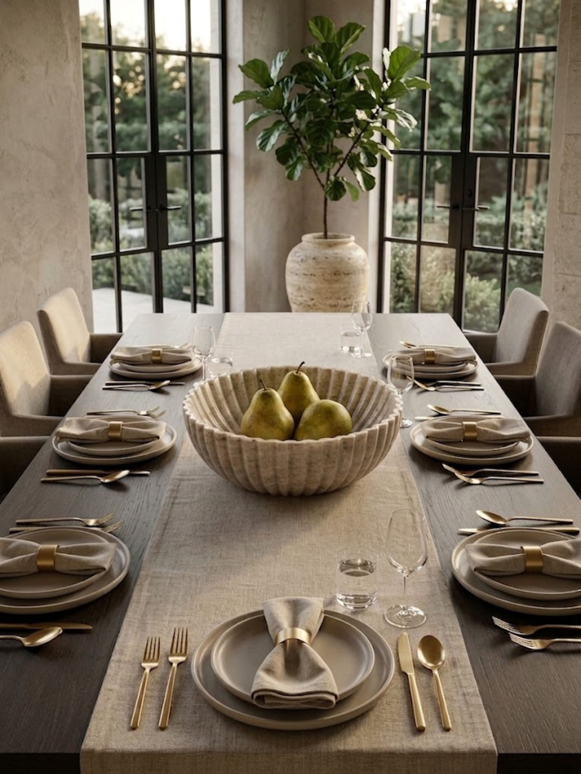 Beige onyx fruit bowl centered on a refined dining table, bringing quiet texture, natural mineral variation, and sculptural presence to everyday gatherings.