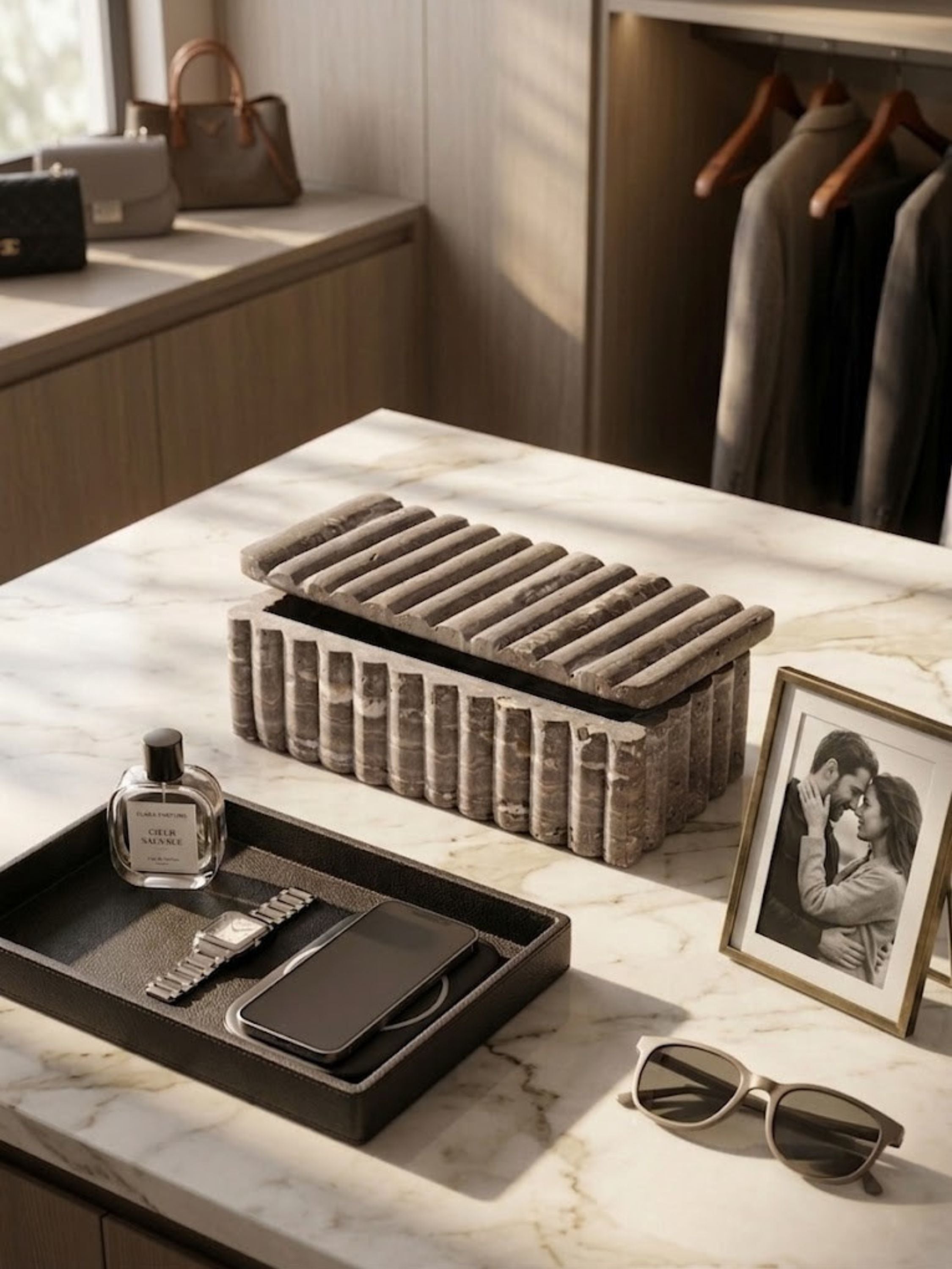 Gray travertine box with a low, rounded profile, styled in a walk-in closet.