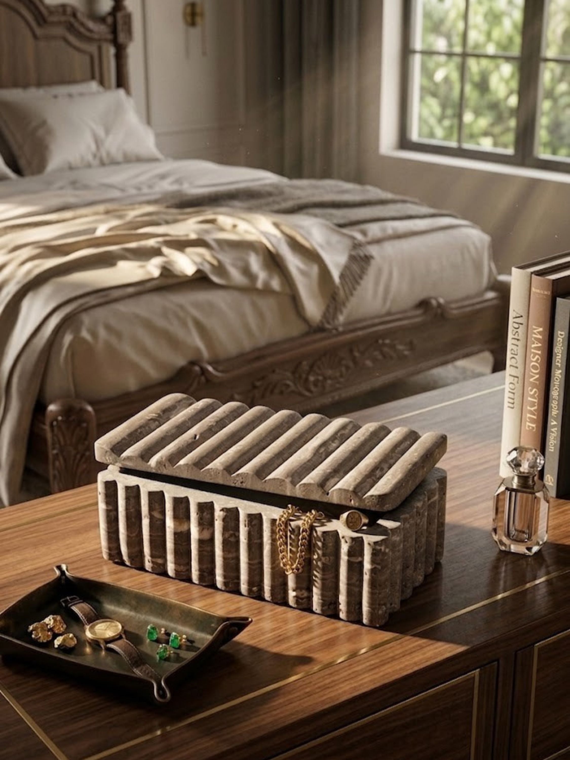 Gray travertine box with close-set ribbed detailing, styled on a bedroom nightstand.