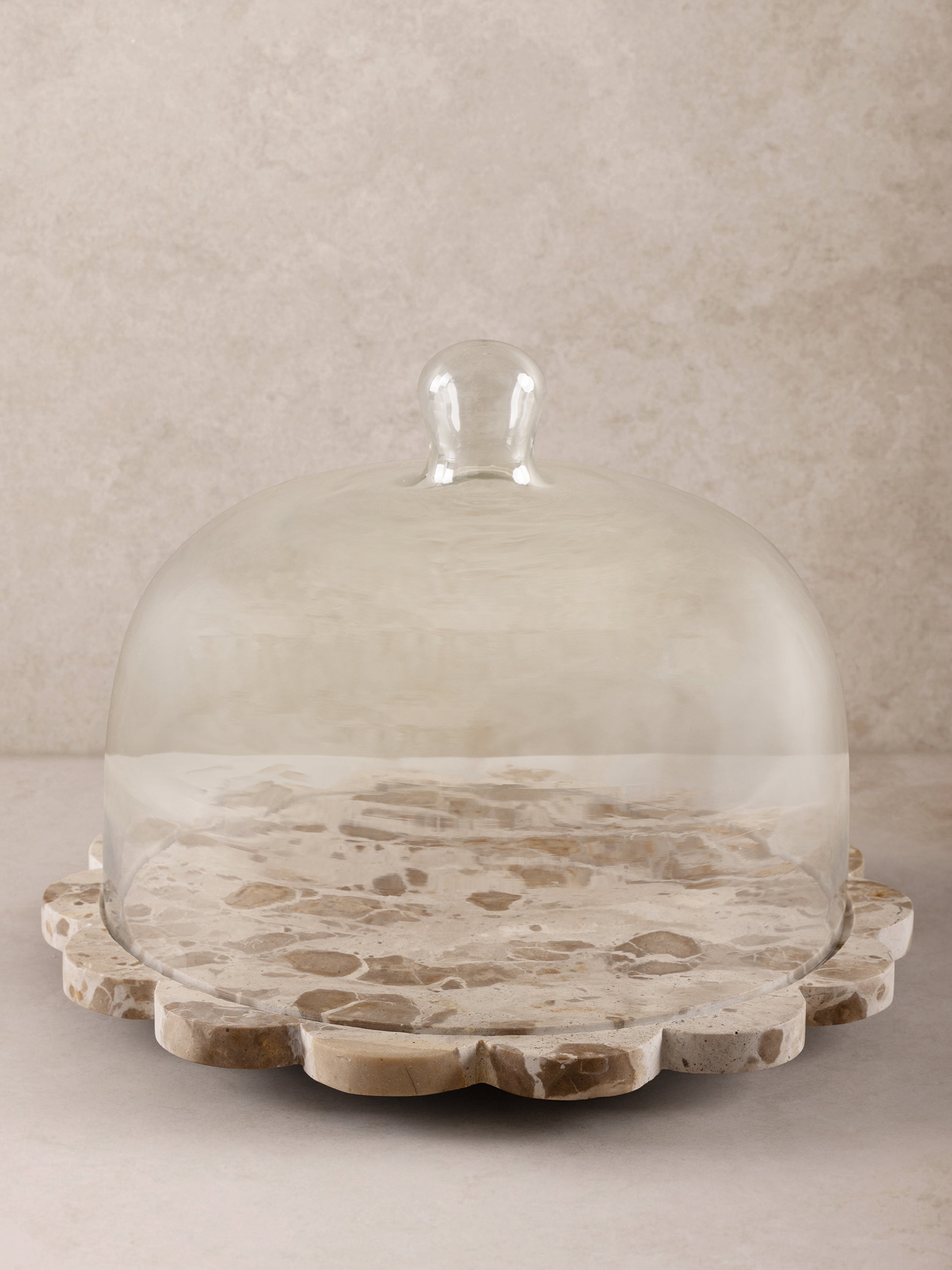 Viola brown & beige onyx serving board with floral cut design and cloche