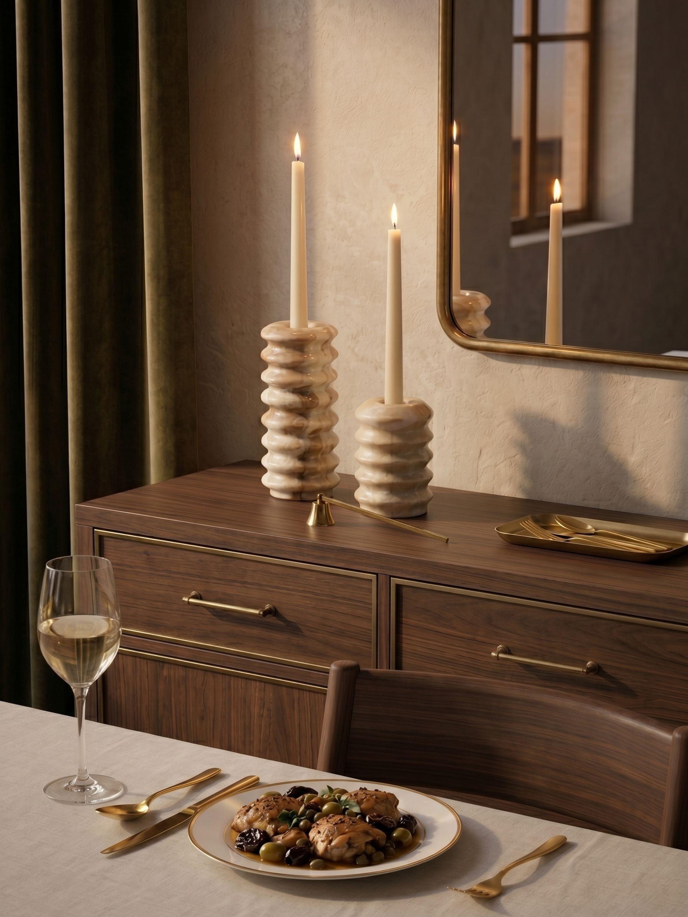 Carved onyx taper candle holder set arranged on a sideboard, featuring architectural ribbed silhouettes, luminous stone character, and elevated tabletop decor.