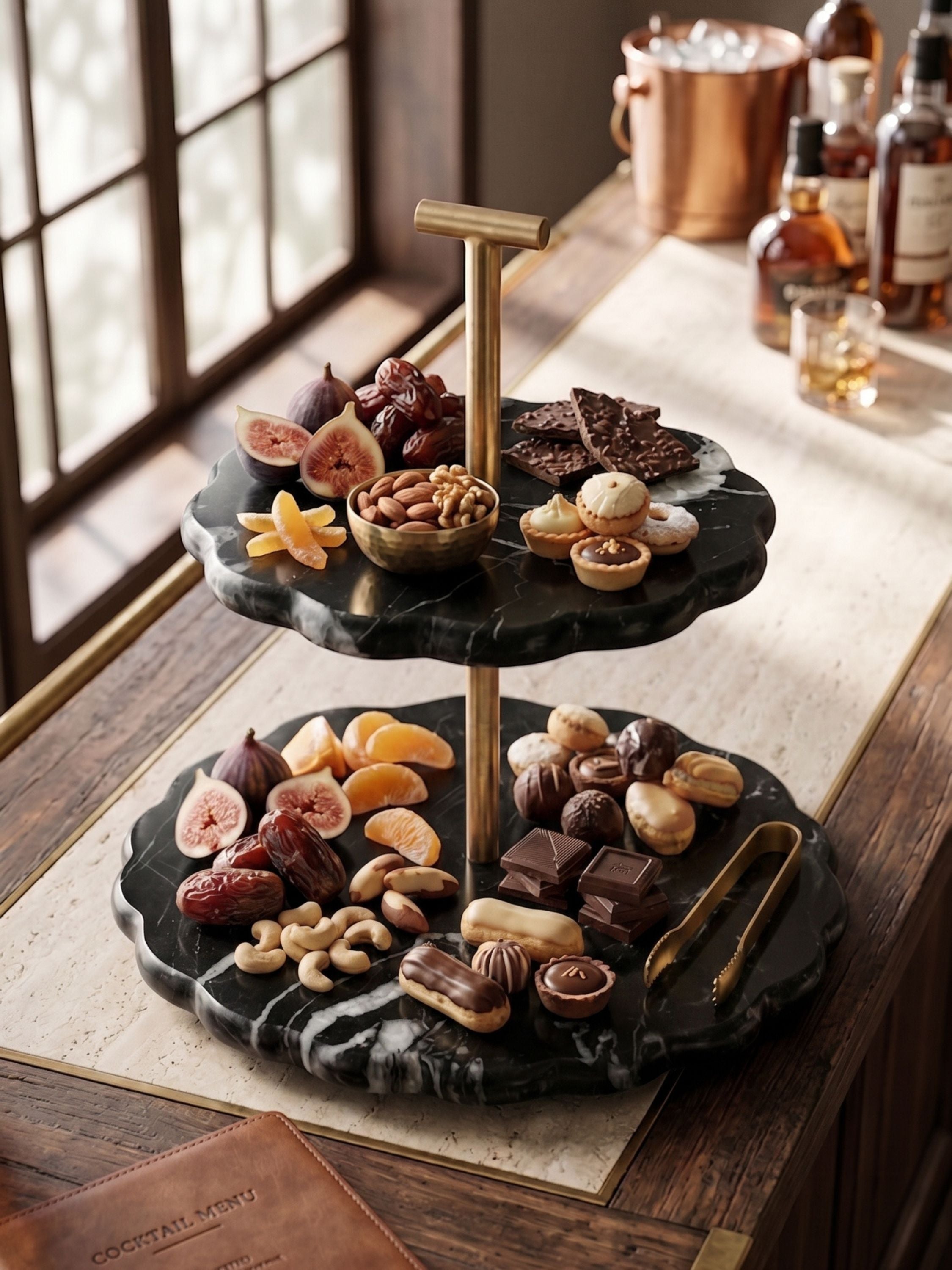 Black marble tiered serving stand featuring scalloped silhouettes and warm brass detailing, arranged with chocolates, nuts, dates, and seasonal accompaniments on a bar console.