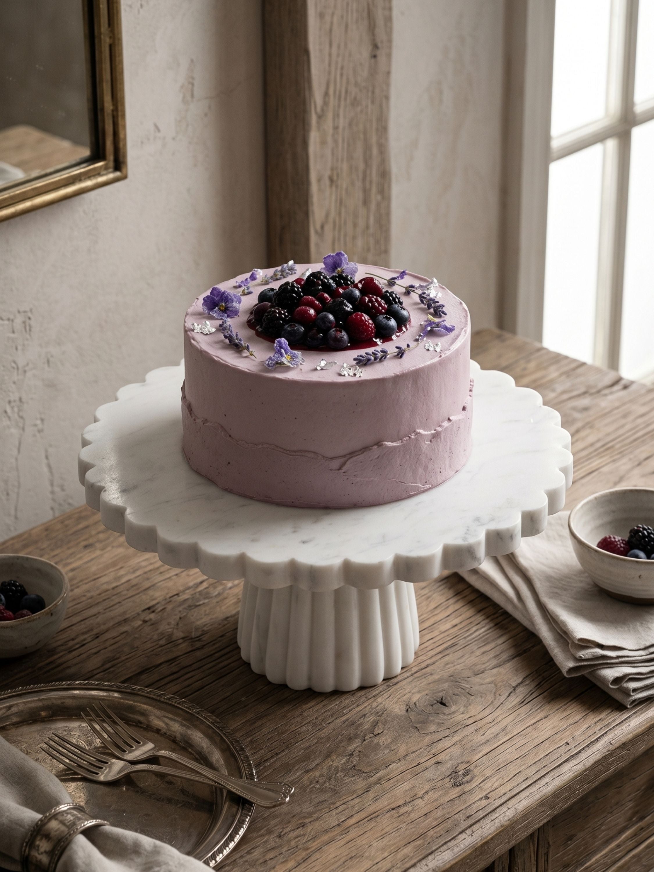 White marble scalloped cake stand with a fluted pedestal base, styled with a berry-topped celebration cake and showcasing refined stone craftsmanship.