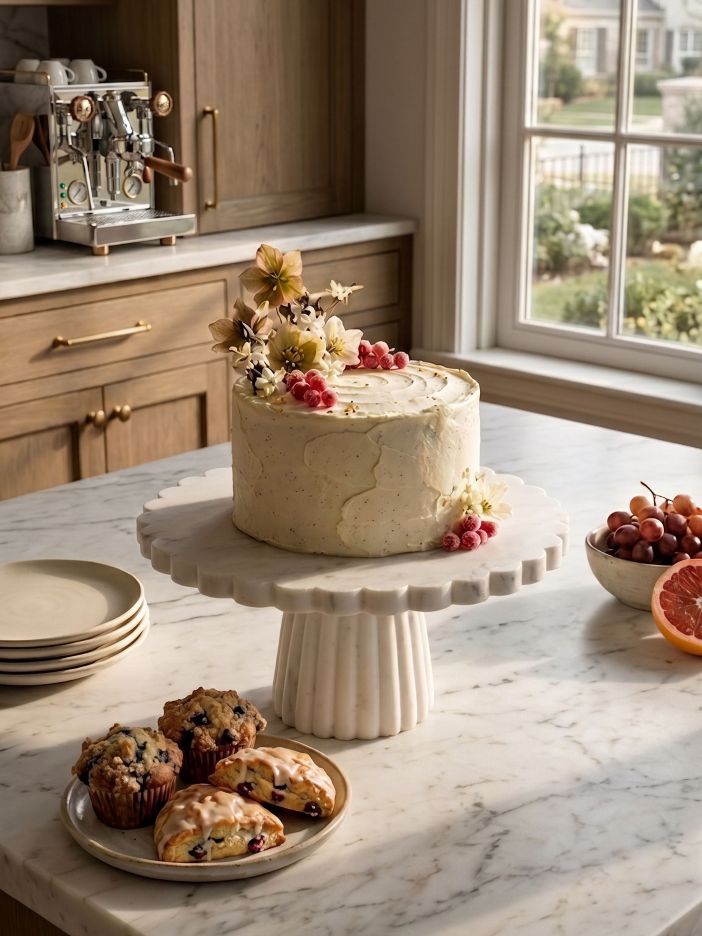 Scalloped white marble cake stand styled on a kitchen island, presenting a floral-decorated cake while highlighting timeless stone beauty and artisan detailing.