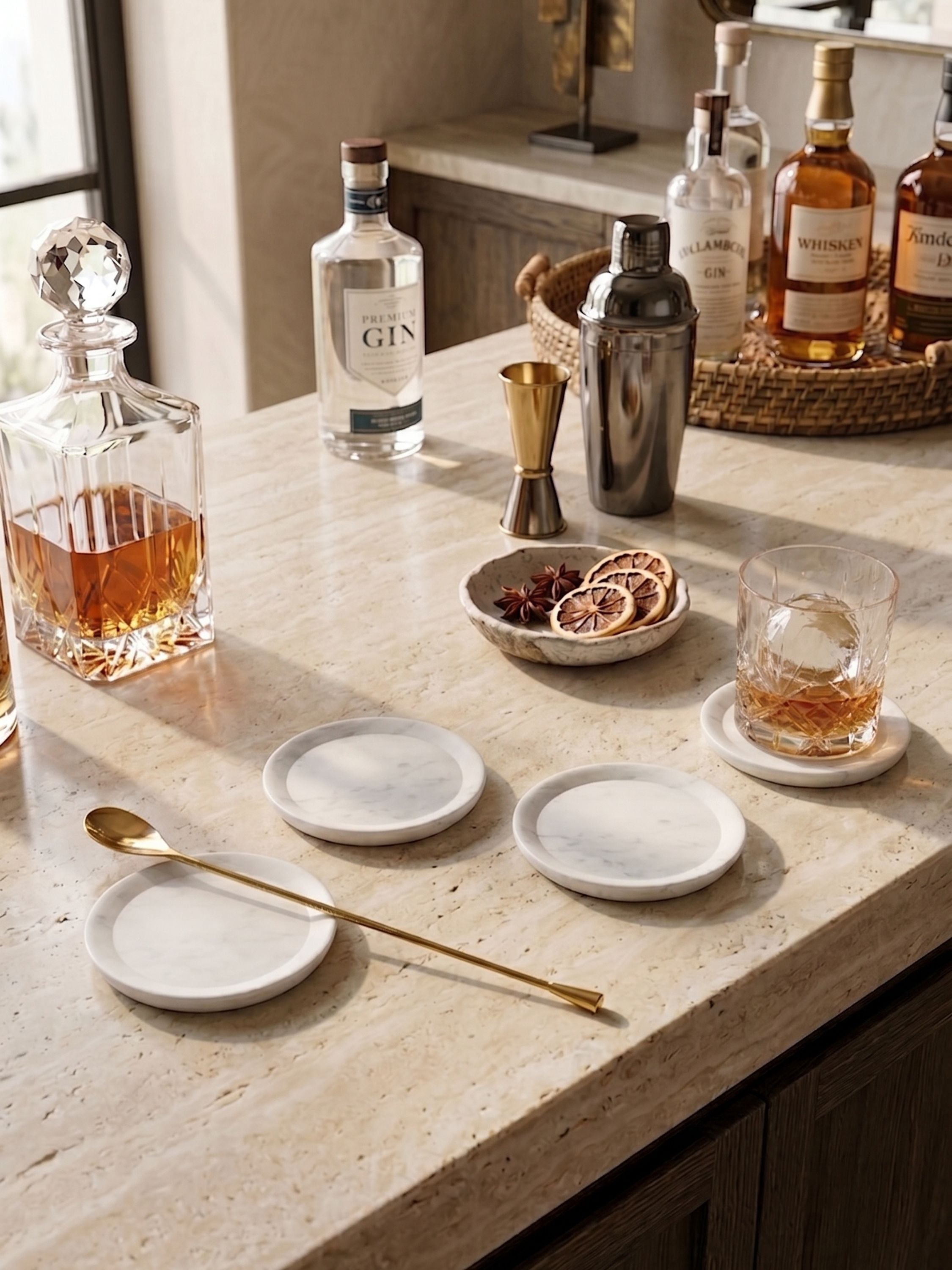 White marble coasters, set of four, with smooth circular form, placed on a countertop with glassware and bar accessories in a warm setting
