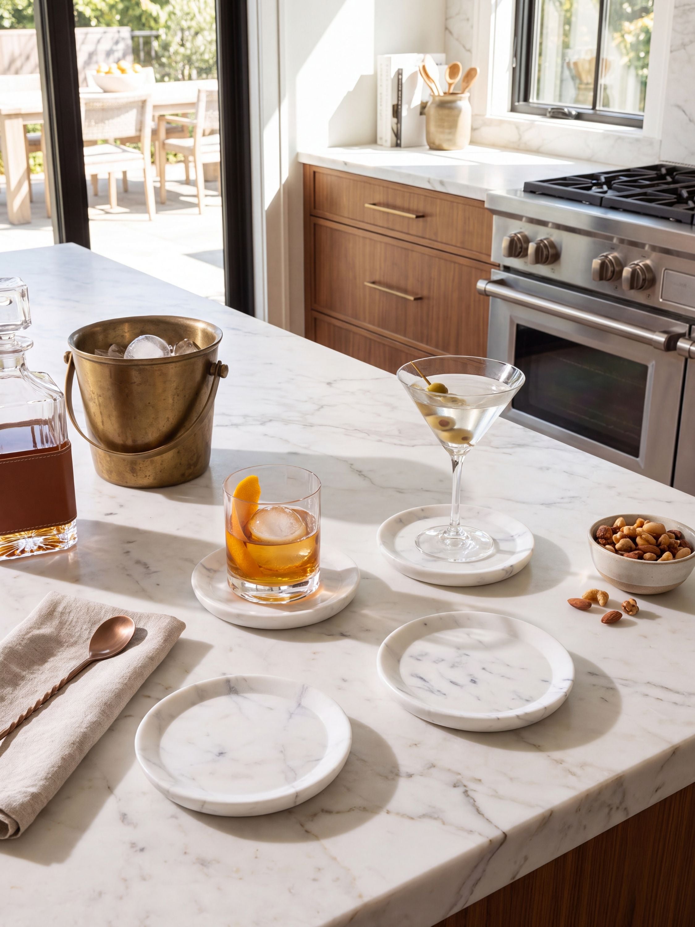 White marble coasters styled on a kitchen counter with a cocktail glass and cutting board.