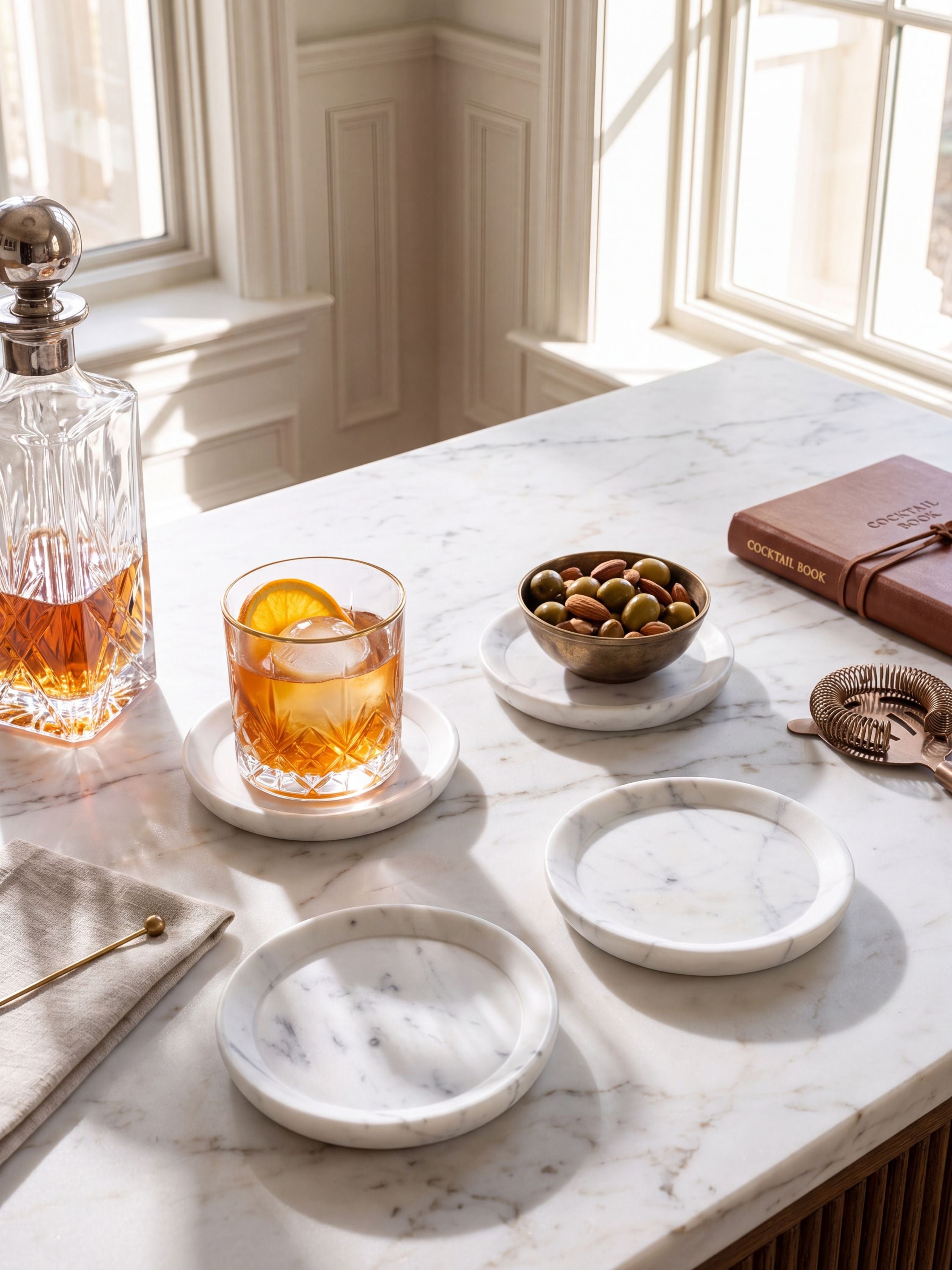 White marble coasters with grey veining, styled on a table with coffee cups and a pastry.