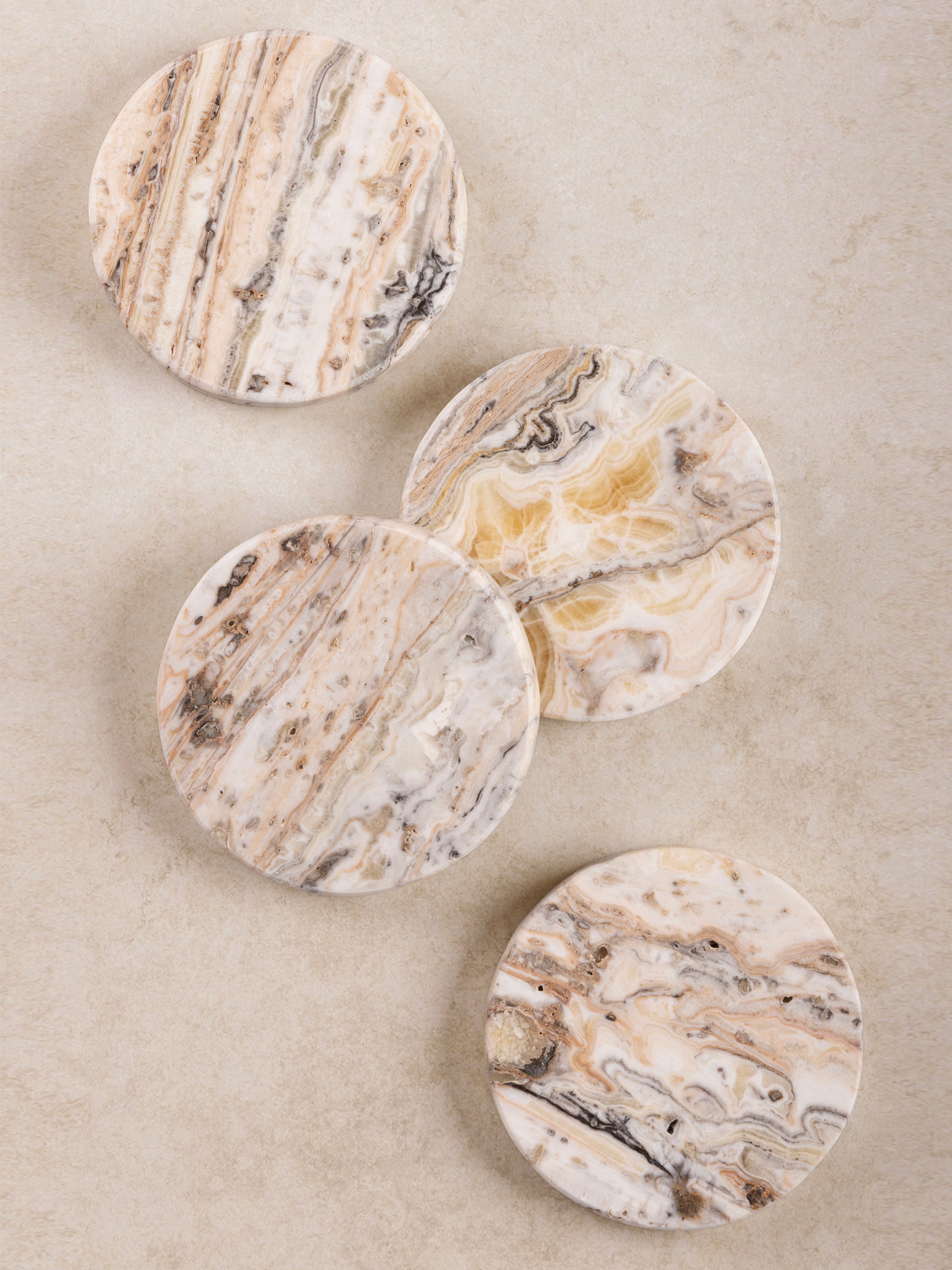 Tasmania travertine onyx marble coasters set of 4 in beige and ivory