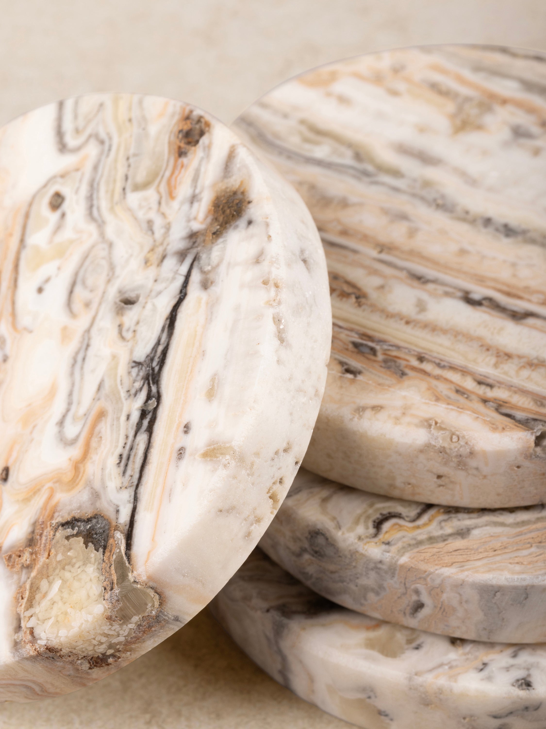 close-up view showing polished travertine onyx marble surface