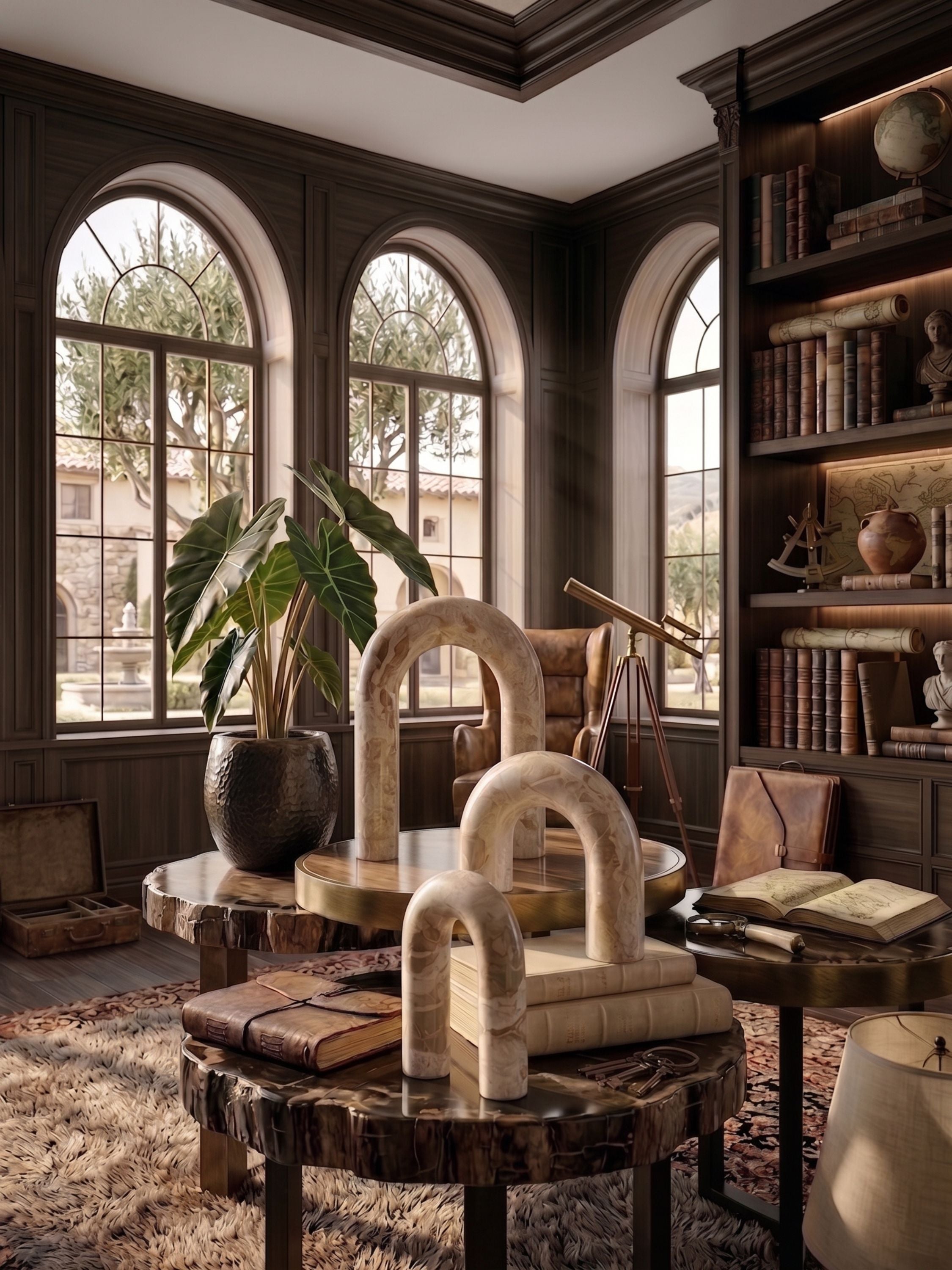 Set of three onyx arch decorative objects in natural stone, arranged on layered tables in a warm, library-style living space