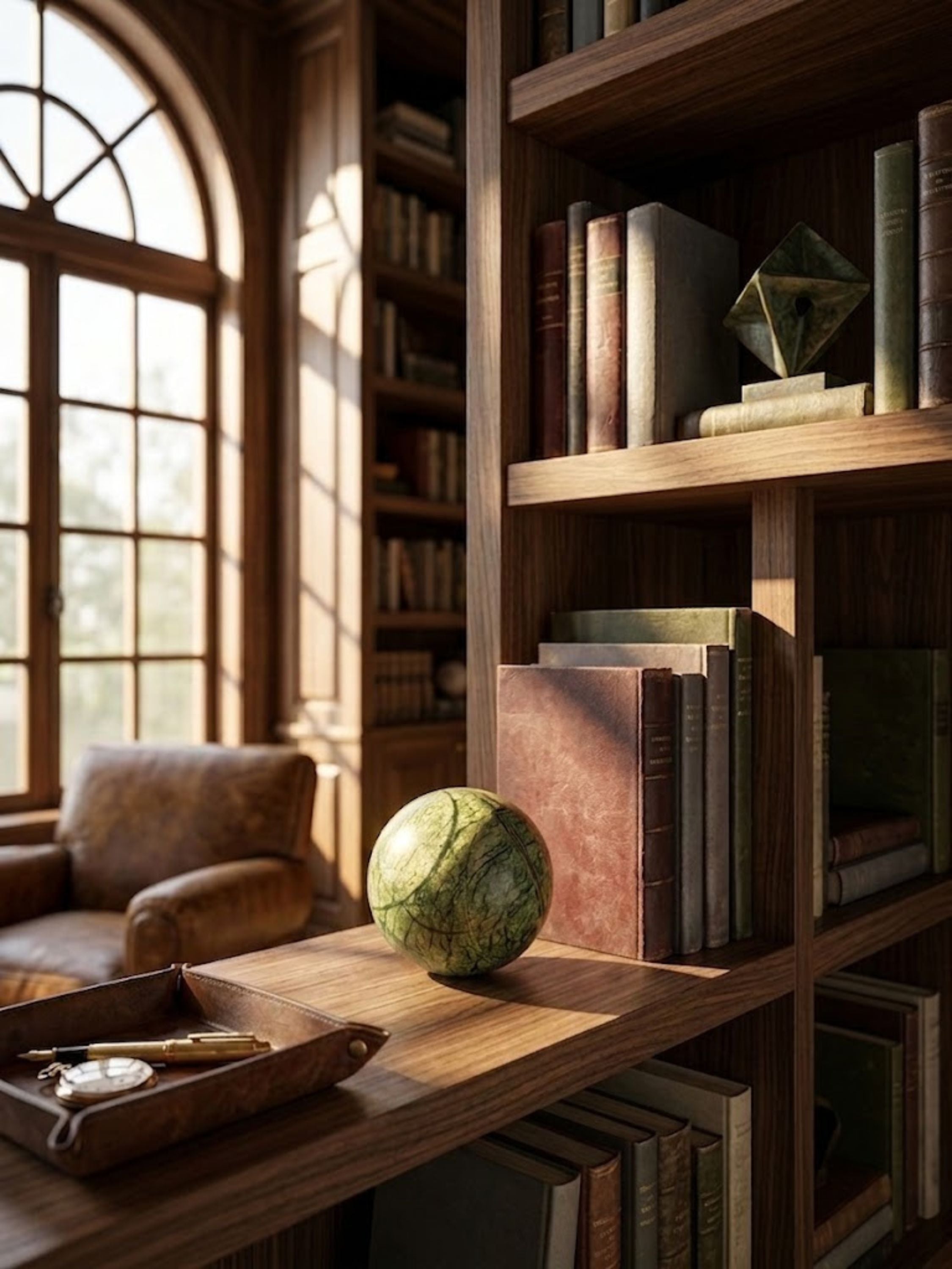 Green onyx decorative sphere, 4 inch, styled on a wooden bookshelf among books and objects in a warm interior setting
