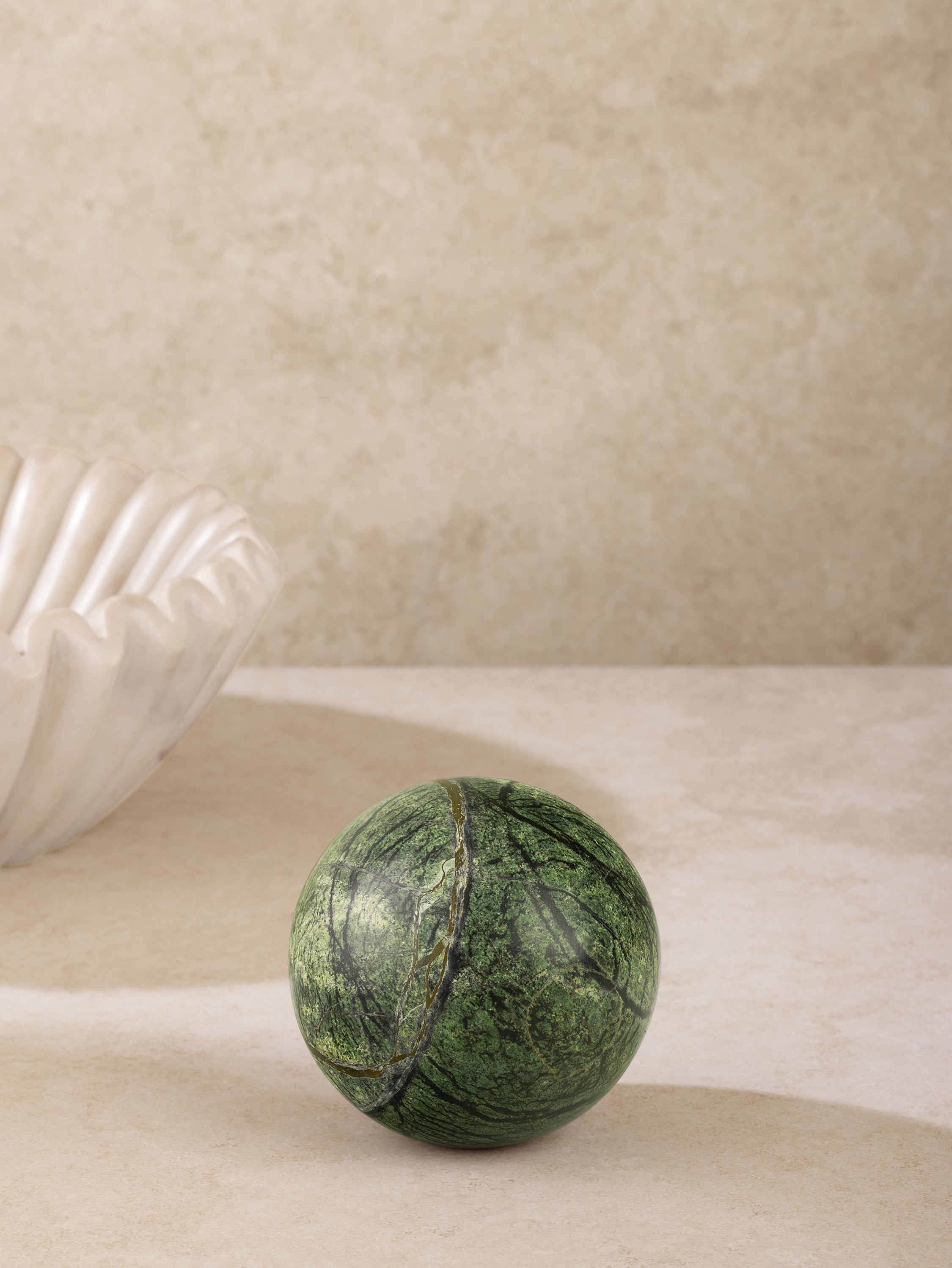 Unique Hand-Carved Green Stone Sphere – Modern and Timeless Aesthetic