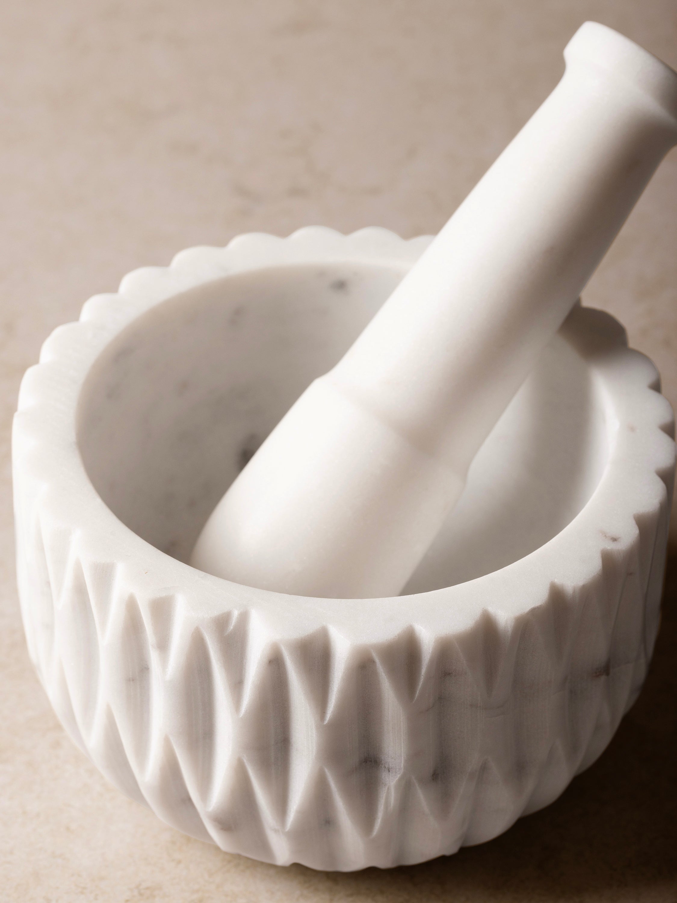 Close-up of ribbed texture and veining on Russell mortar & pestle