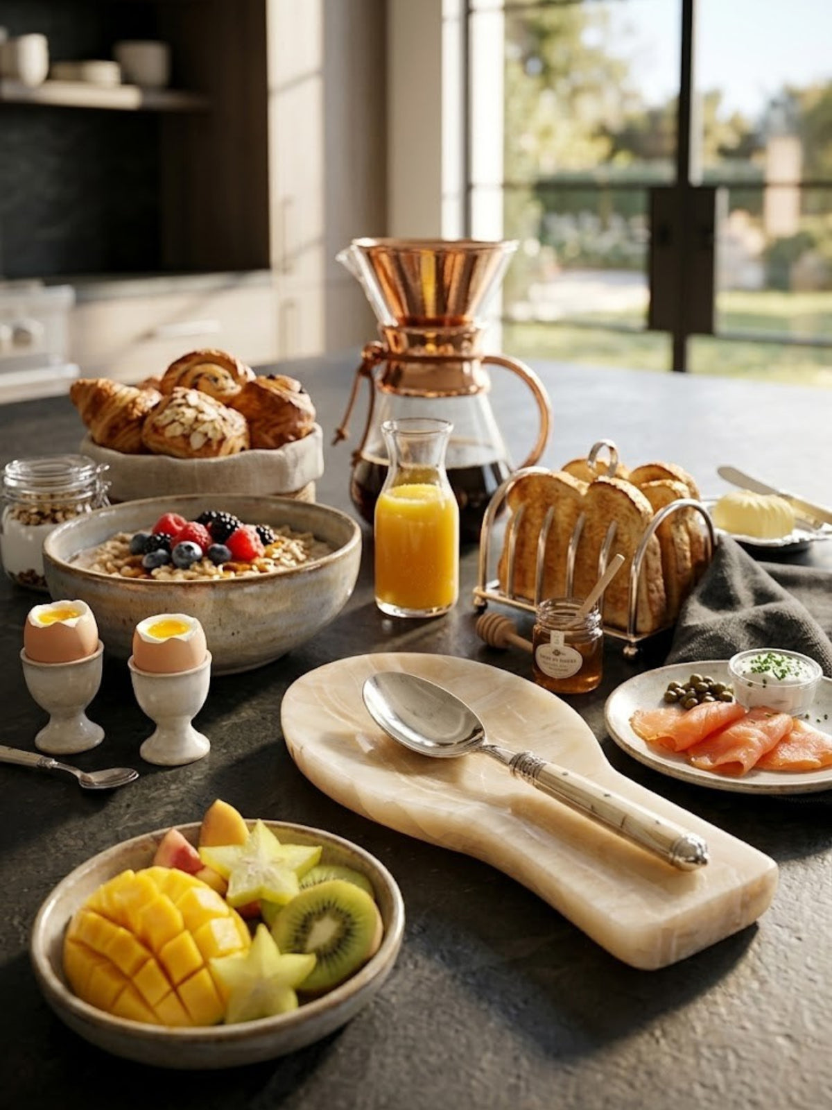 Machu Picchu onyx spoon rest on a breakfast counter laid with fruit, pastries and coffee.