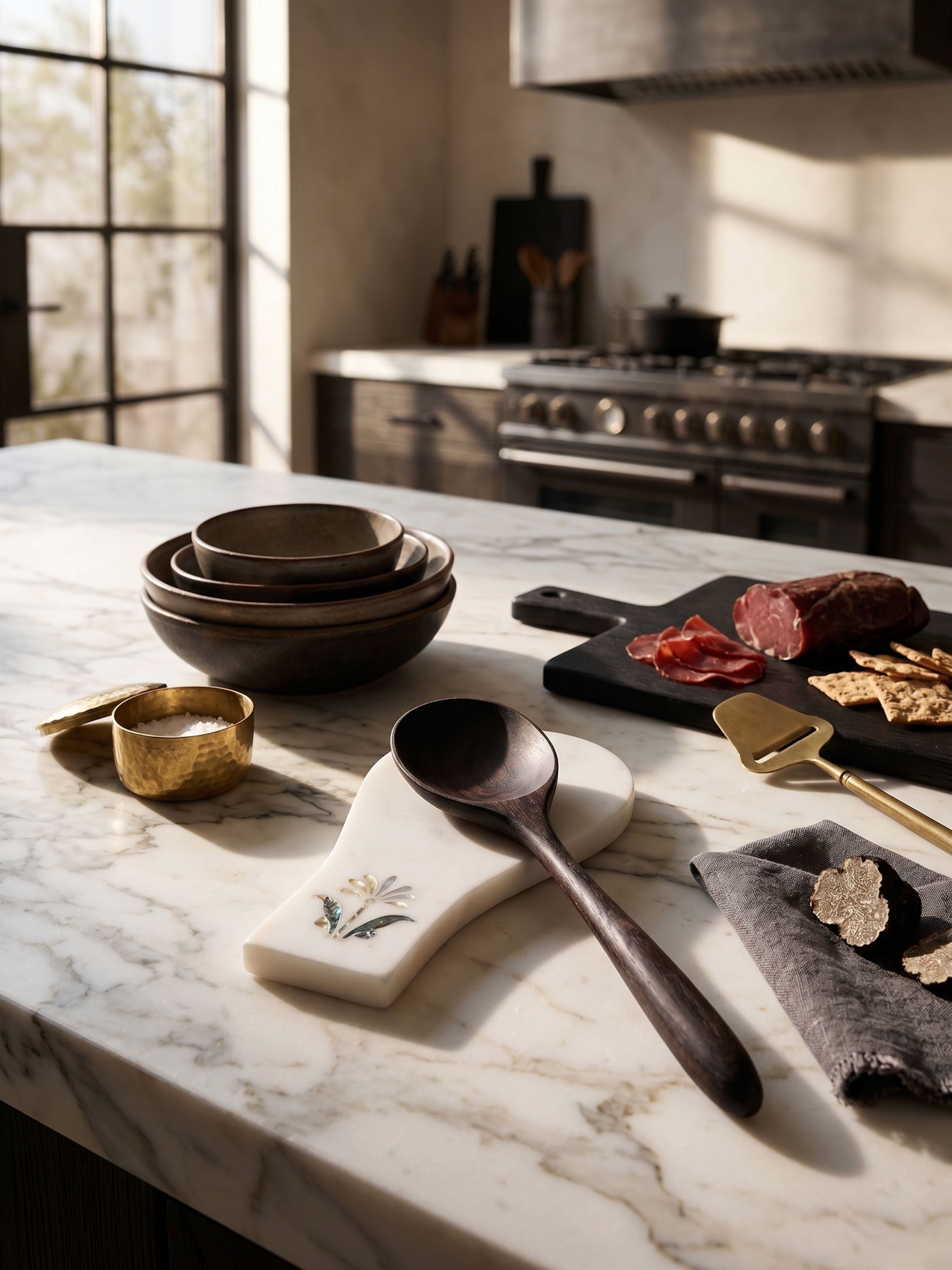 Marble spoon rest with inlay detail placed on a kitchen countertop with utensils and cooking elements in a warm, styled setting