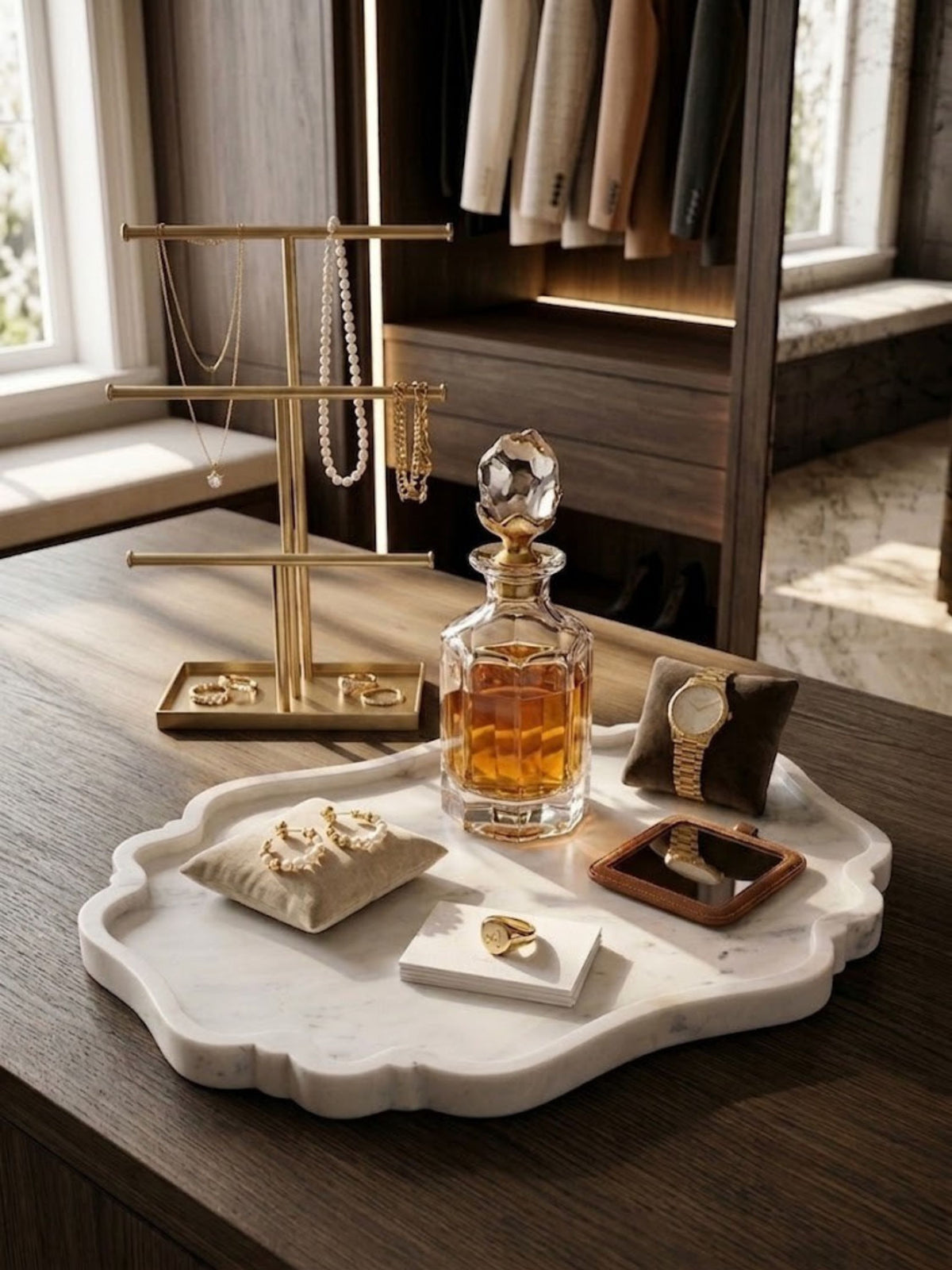 White marble tray with fine grey veining, styled on a closet vanity.