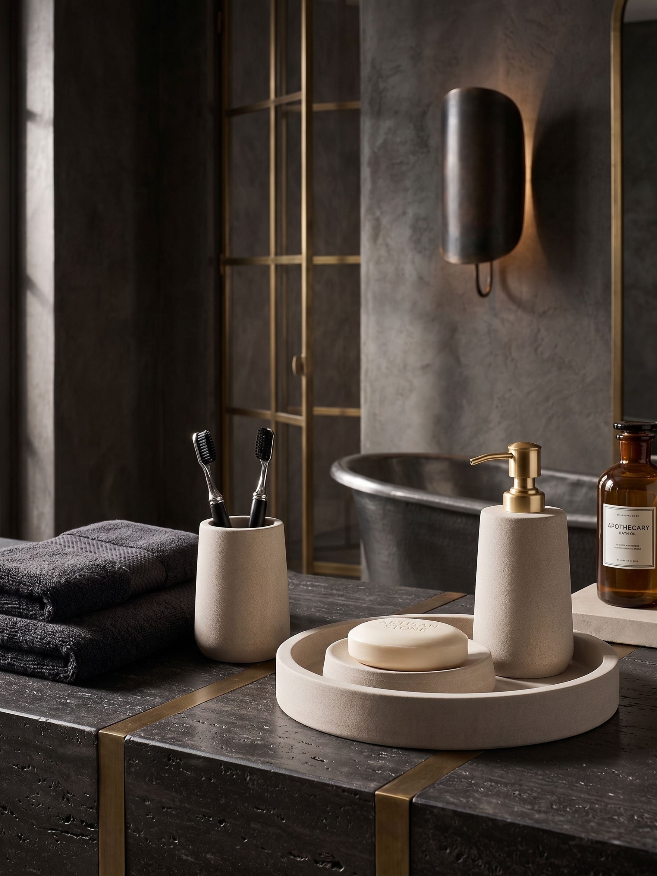 Sandstone bath accessories set with soap dispenser, toothbrush holder, and tray styled on a dark vanity in a modern bathroom