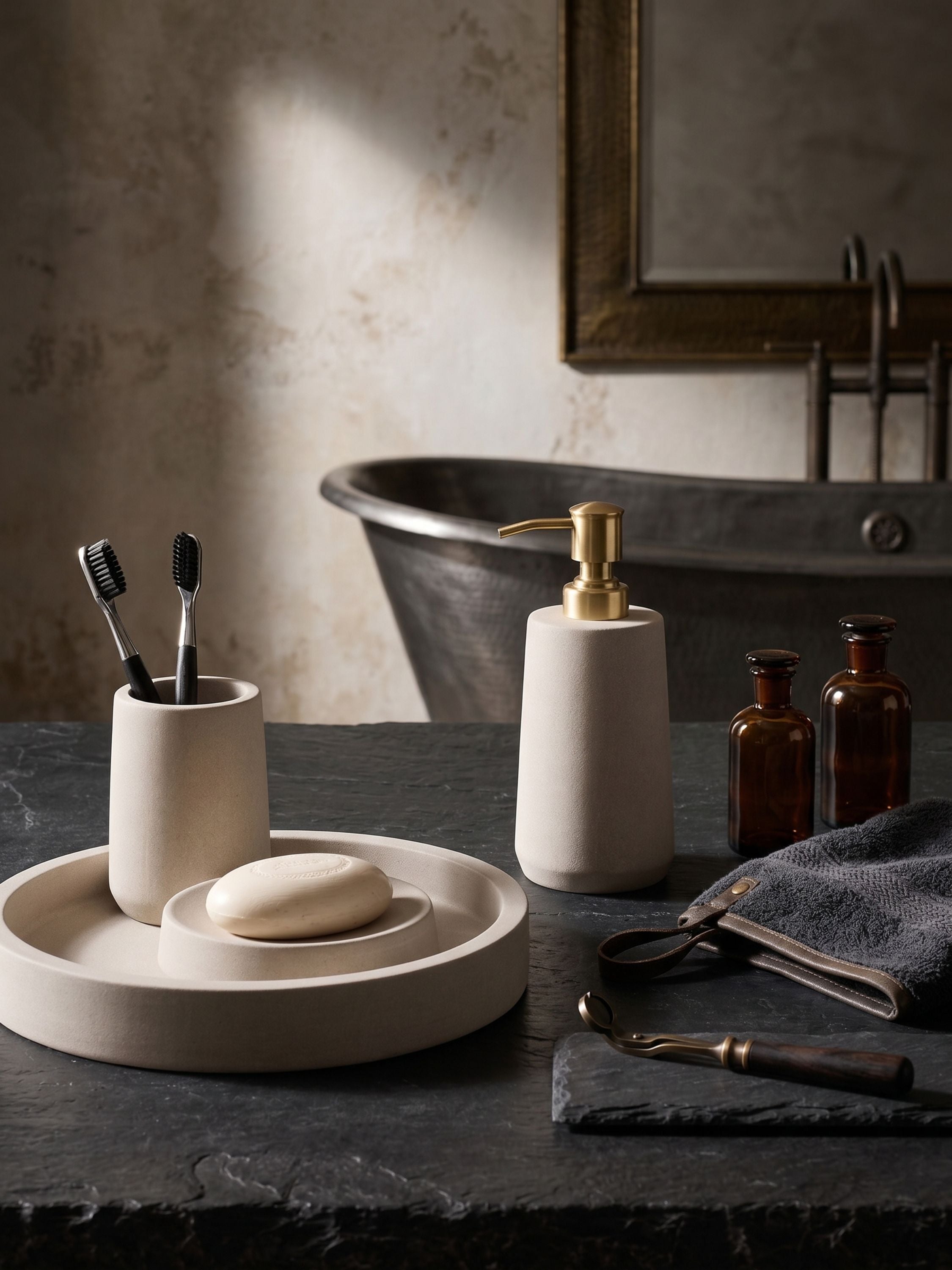 Sandstone bathroom set with soap dispenser, toothbrush holder, and soap dish arranged on a stone surface near a bathtub