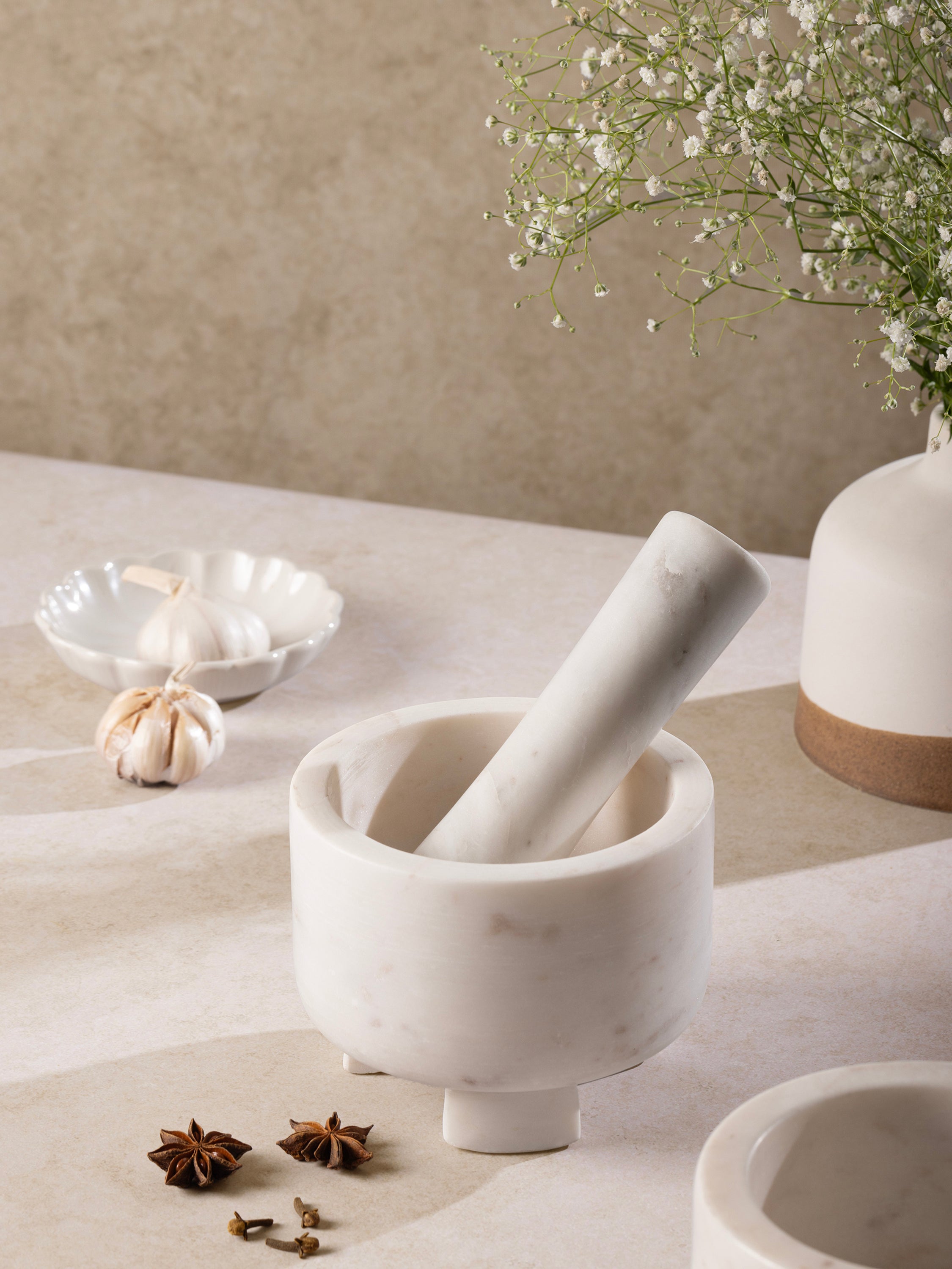 Odessa mortar & pestle styled in kitchen with fresh herbs