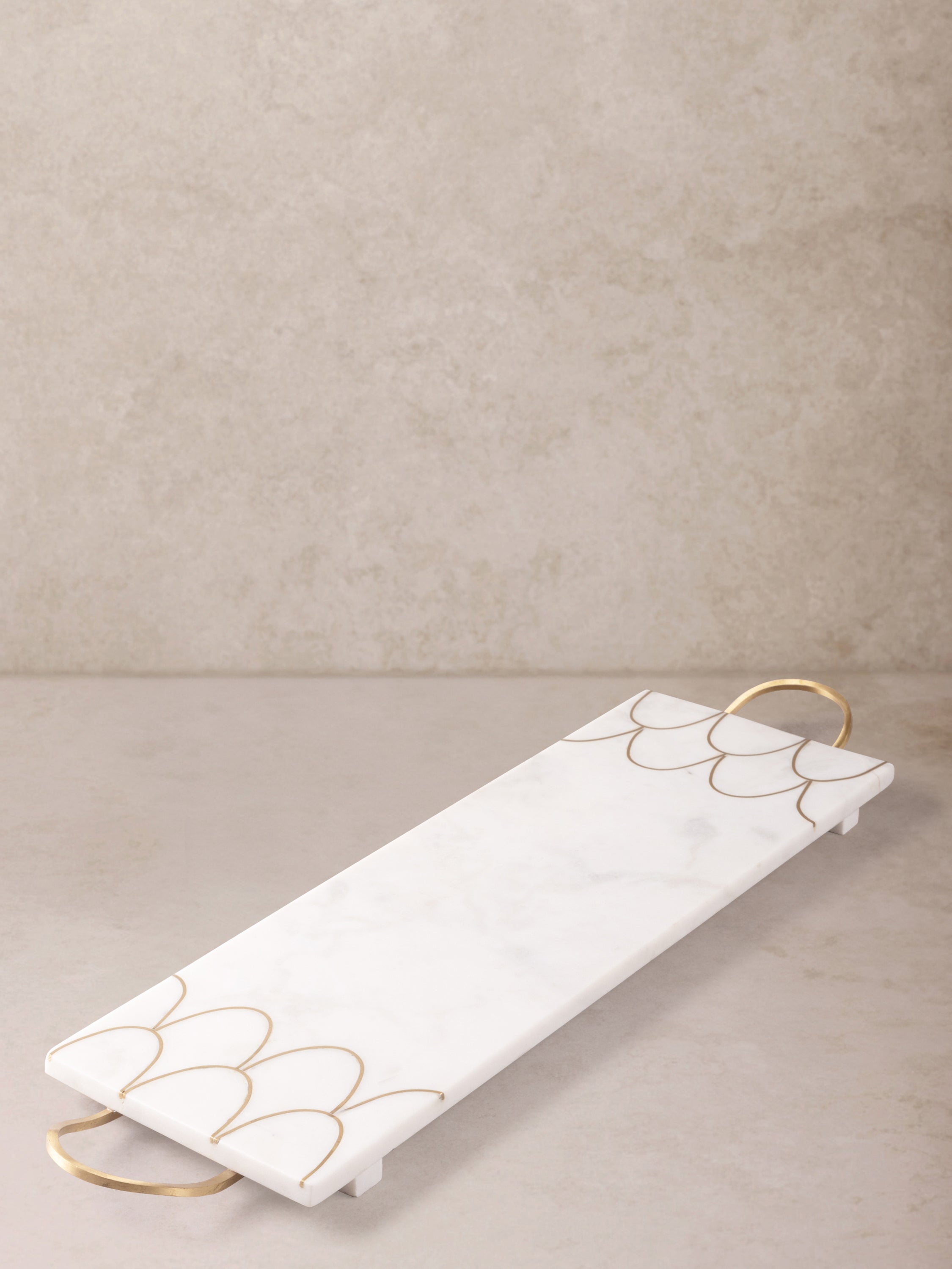 San Miguel white marble tray with brass inlay and matte handles top view